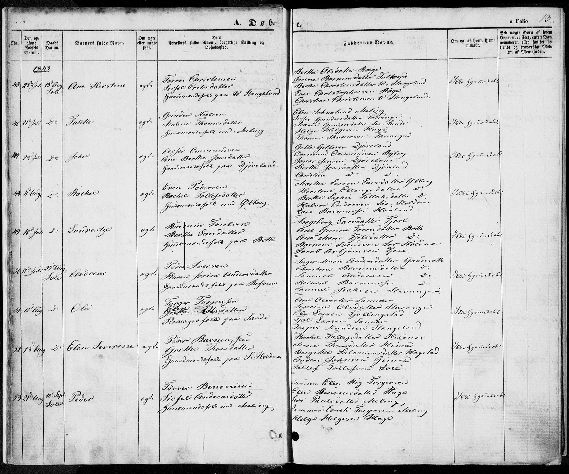 Håland sokneprestkontor, SAST/A-101802/001/30BA/L0006: Parish register (official) no. A 6, 1842-1853, p. 13