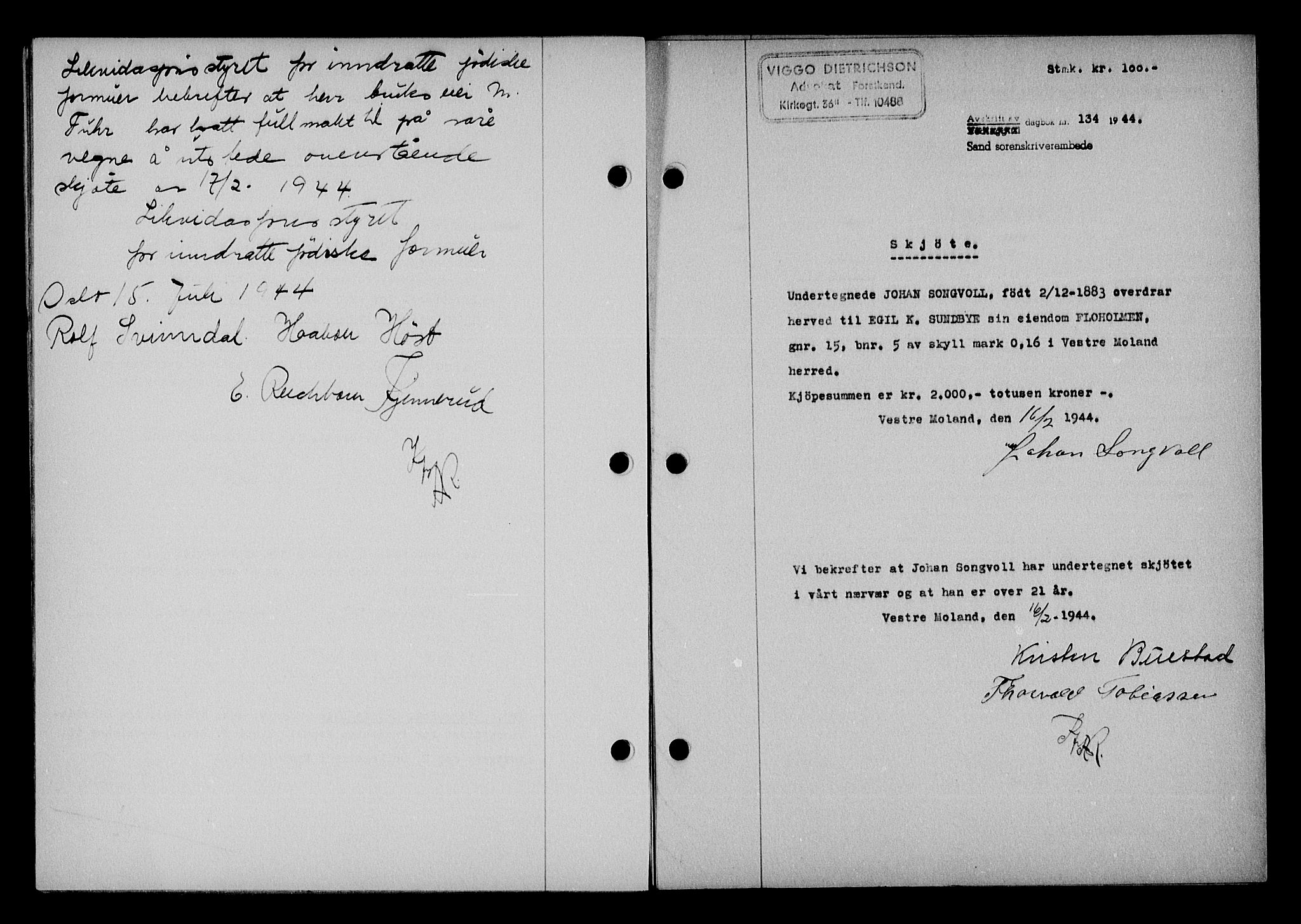 Vestre Nedenes/Sand sorenskriveri, SAK/1221-0010/G/Gb/Gba/L0053: Mortgage book no. A 6, 1944-1945, Diary no: : 134/1944
