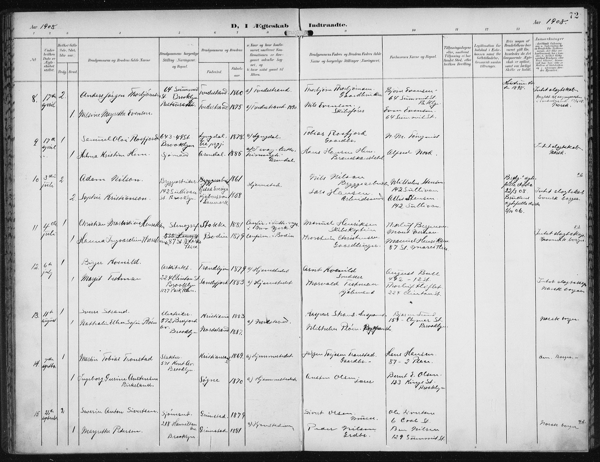Den norske sjømannsmisjon i utlandet/New York, AV/SAB-SAB/PA-0110/H/Ha/L0005: Parish register (official) no. A 5, 1902-1908, p. 72