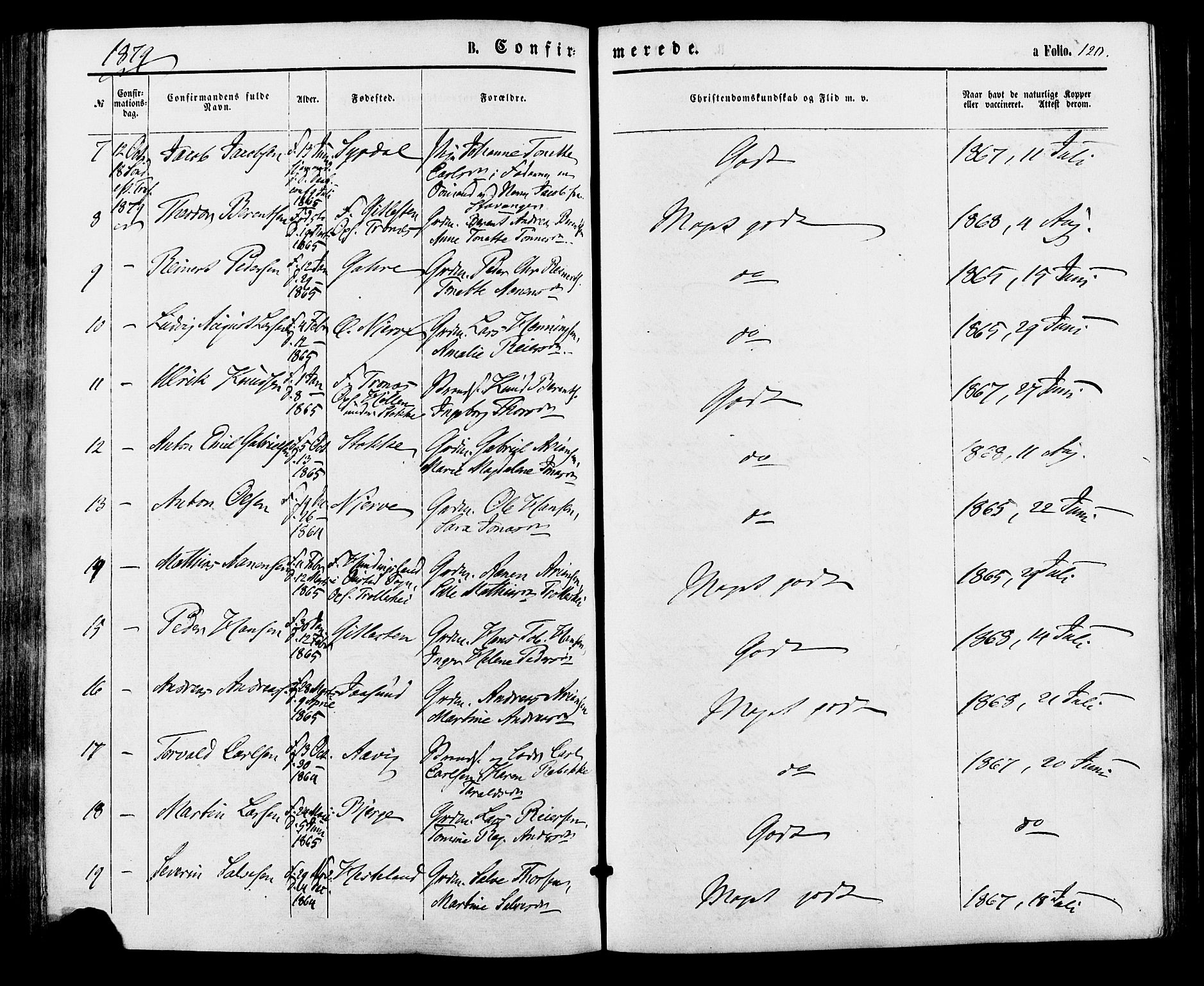 Sør-Audnedal sokneprestkontor, SAK/1111-0039/F/Fa/Faa/L0003: Parish register (official) no. A 3, 1868-1883, p. 120