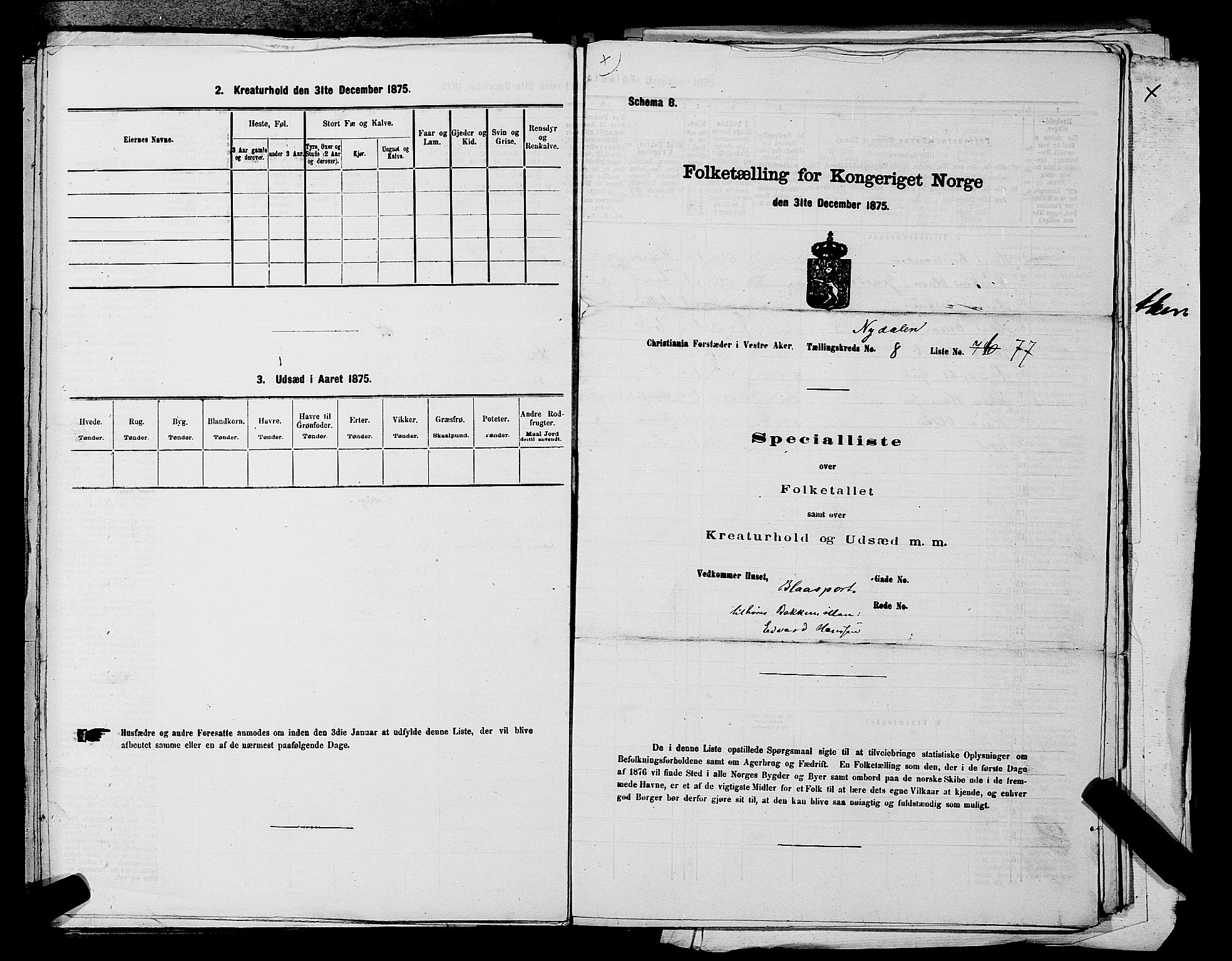 RA, 1875 census for 0218aP Vestre Aker, 1875, p. 1491