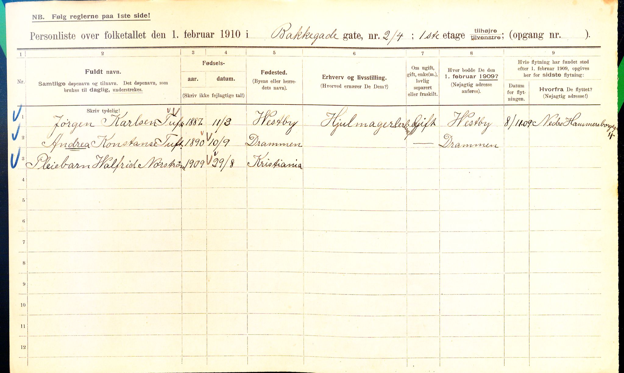 OBA, Municipal Census 1910 for Kristiania, 1910, p. 2538