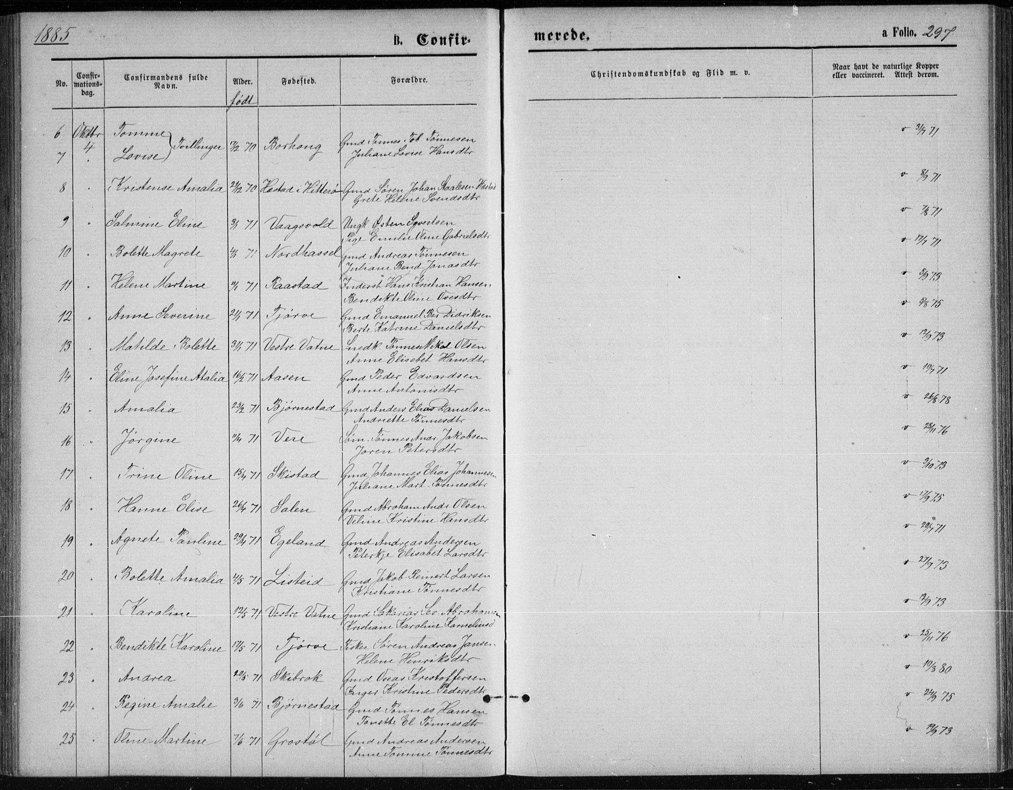 Lista sokneprestkontor, SAK/1111-0027/F/Fb/L0004: Parish register (copy) no. B 4, 1877-1891, p. 297