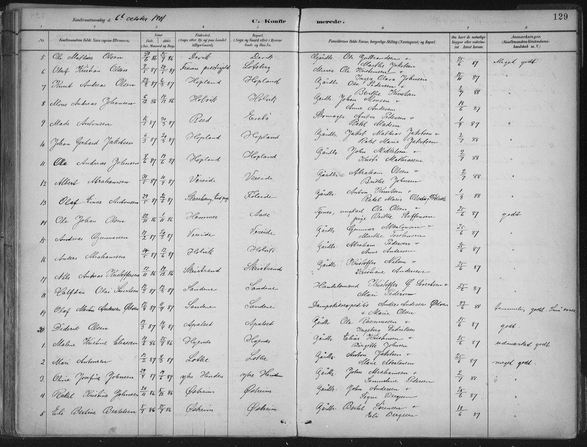 Gloppen sokneprestembete, AV/SAB-A-80101/H/Haa/Haab/L0001: Parish register (official) no. B  1, 1885-1905, p. 129