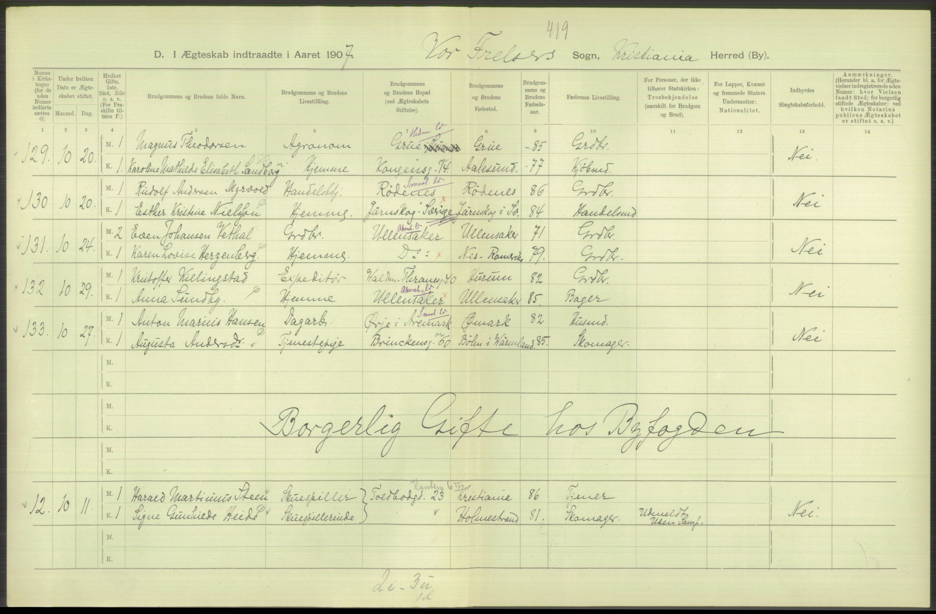 Statistisk sentralbyrå, Sosiodemografiske emner, Befolkning, AV/RA-S-2228/D/Df/Dfa/Dfae/L0008: Kristiania: Gifte, 1907, p. 282