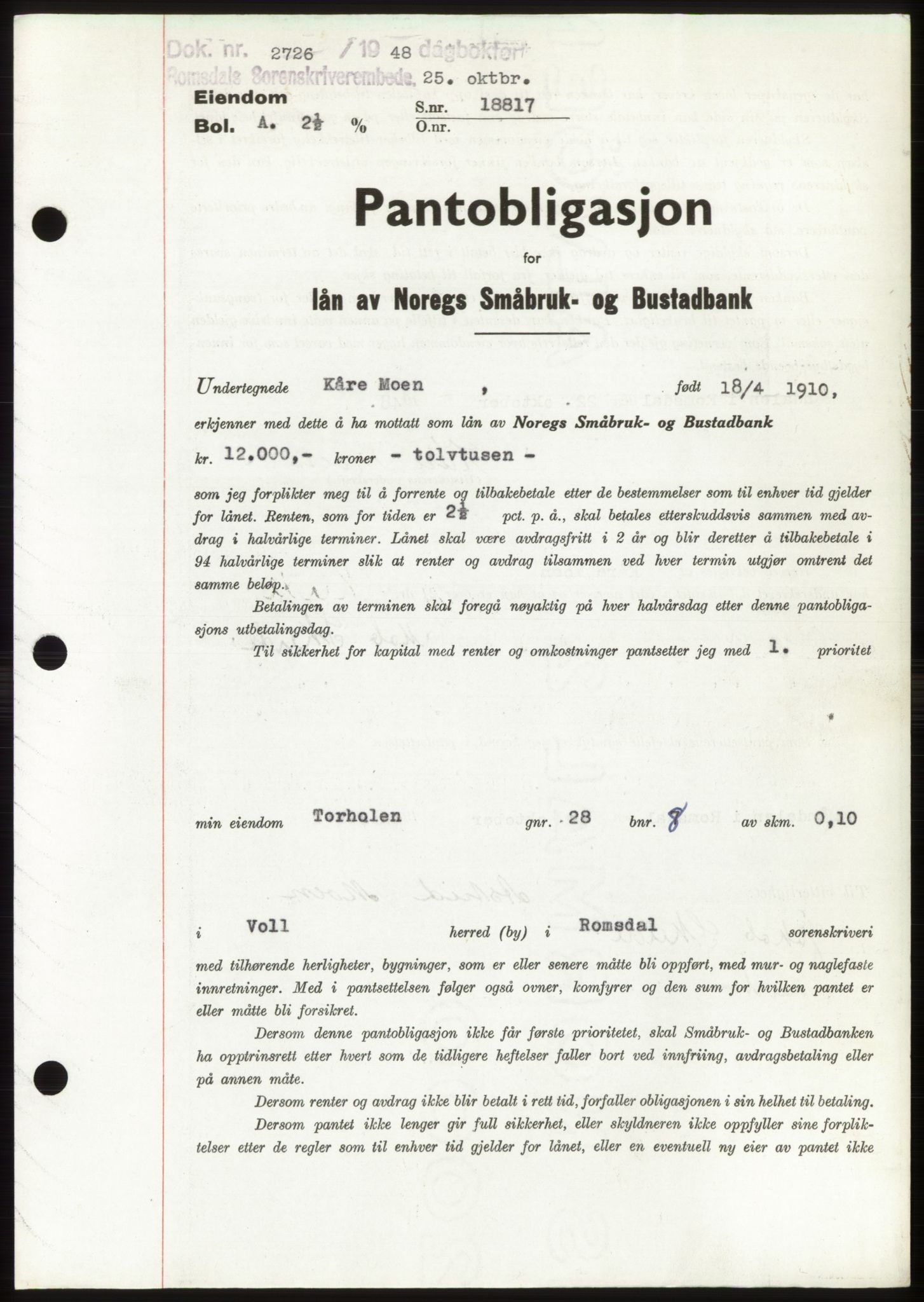 Romsdal sorenskriveri, AV/SAT-A-4149/1/2/2C: Mortgage book no. B4, 1948-1949, Diary no: : 2726/1948