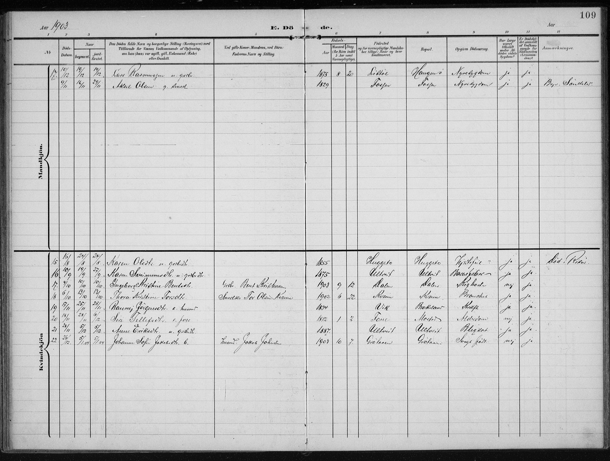 Gjerstad sokneprestkontor, SAK/1111-0014/F/Fa/Faa/L0011: Parish register (official) no. A 11, 1903-1914, p. 109