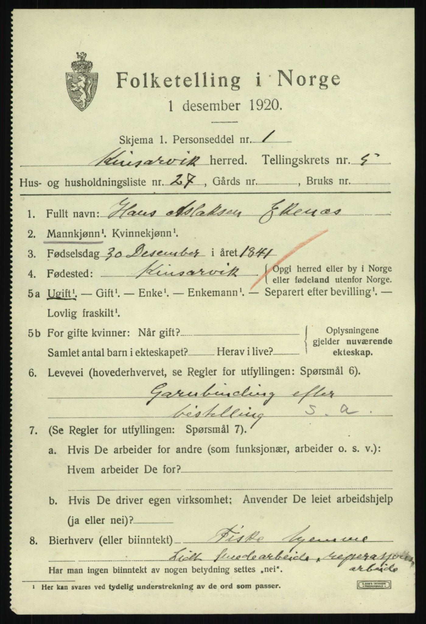 SAB, 1920 census for Kinsarvik, 1920, p. 2862