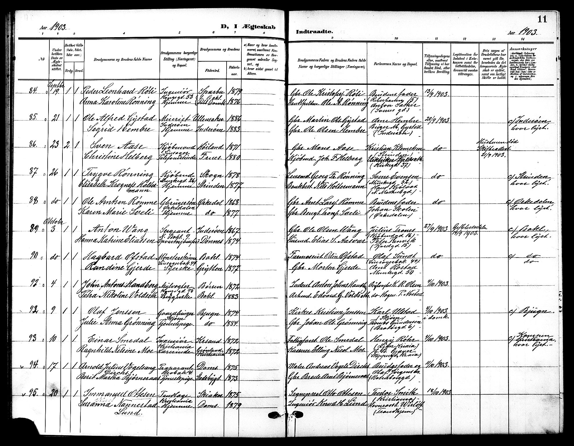 Ministerialprotokoller, klokkerbøker og fødselsregistre - Sør-Trøndelag, AV/SAT-A-1456/601/L0095: Parish register (copy) no. 601C13, 1902-1911, p. 11