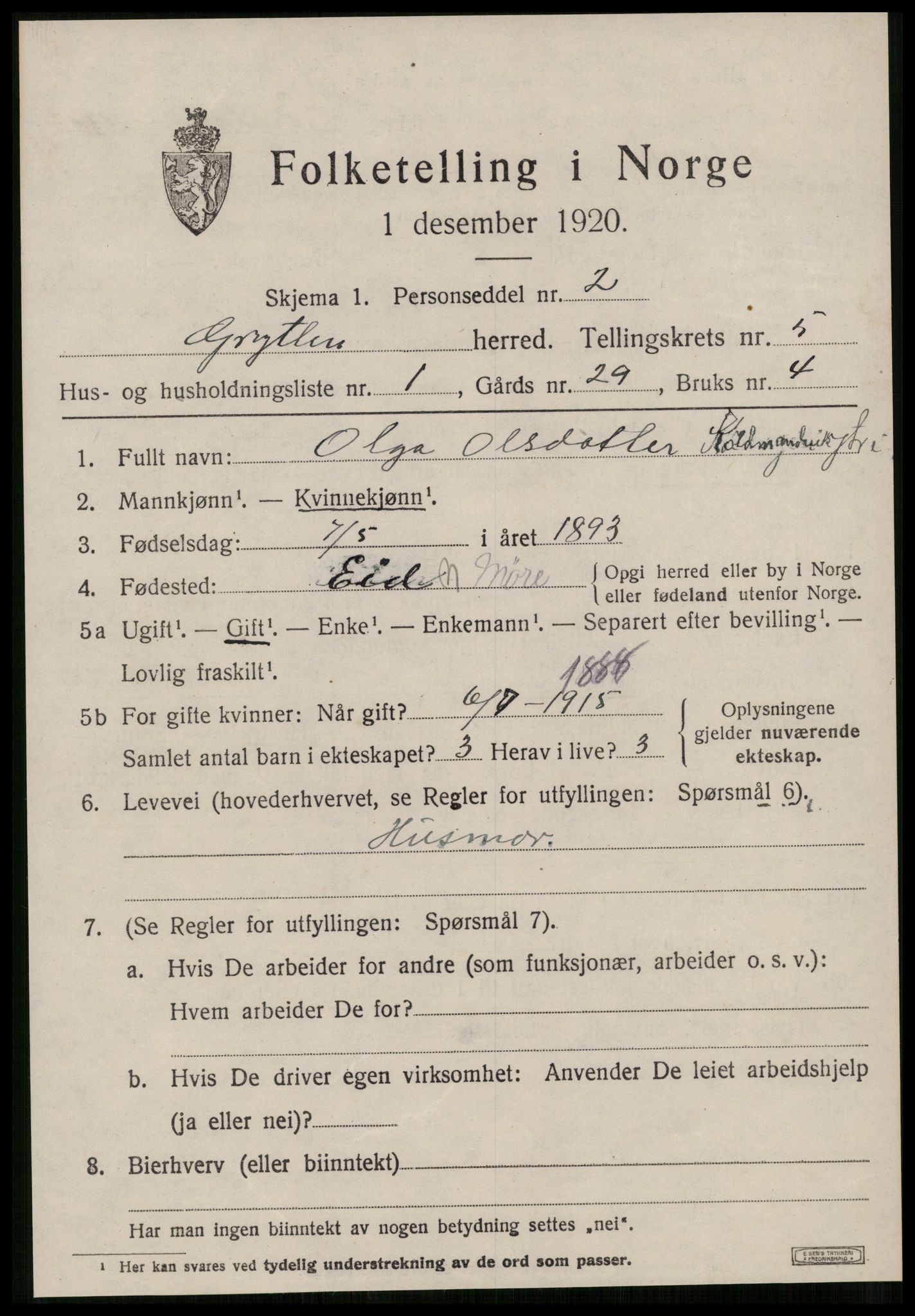 SAT, 1920 census for Grytten, 1920, p. 3916