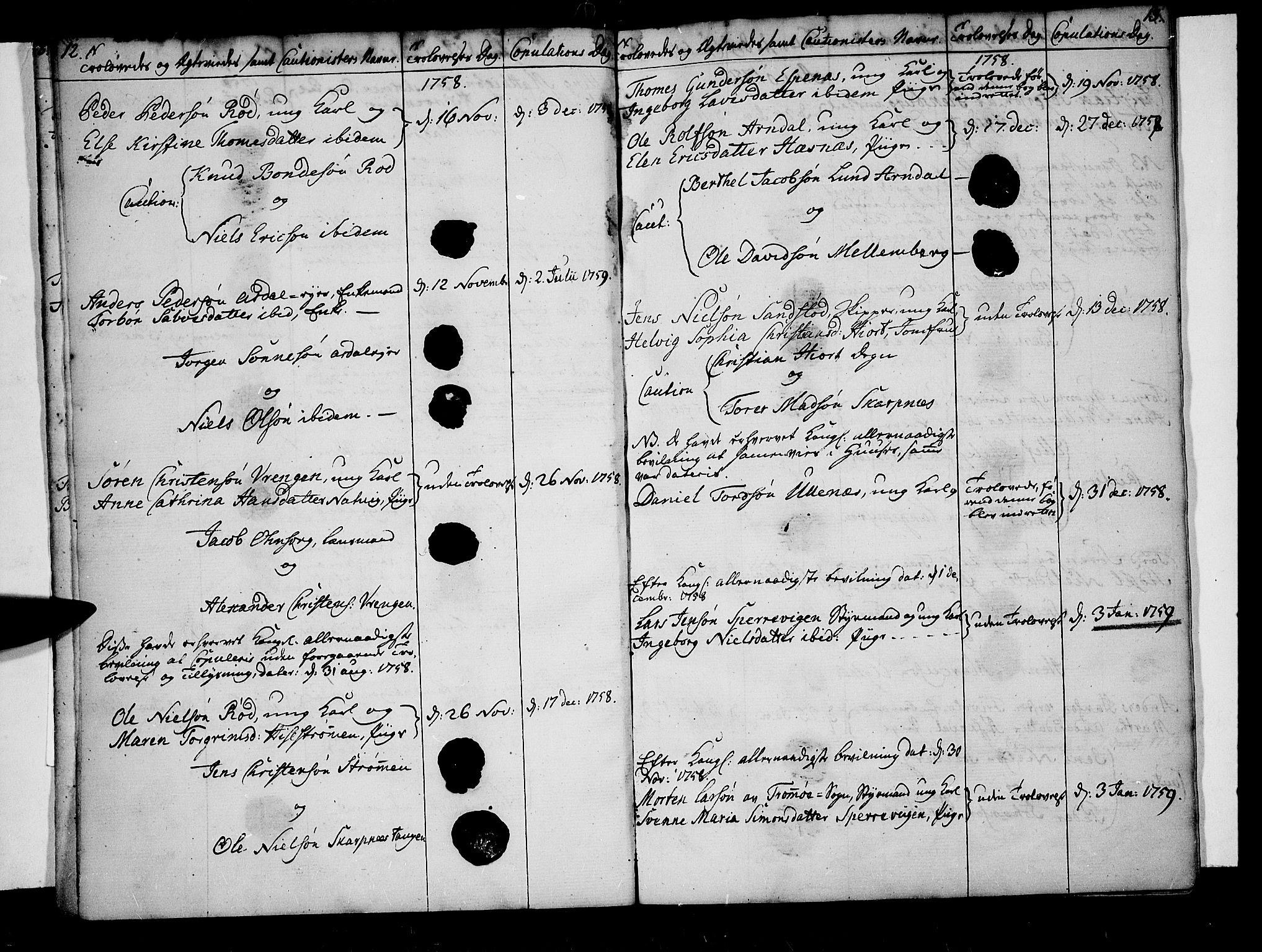 Øyestad sokneprestkontor, AV/SAK-1111-0049/F/Fa/L0007: Parish register (official) no. A 7, 1758-1767, p. 12-13