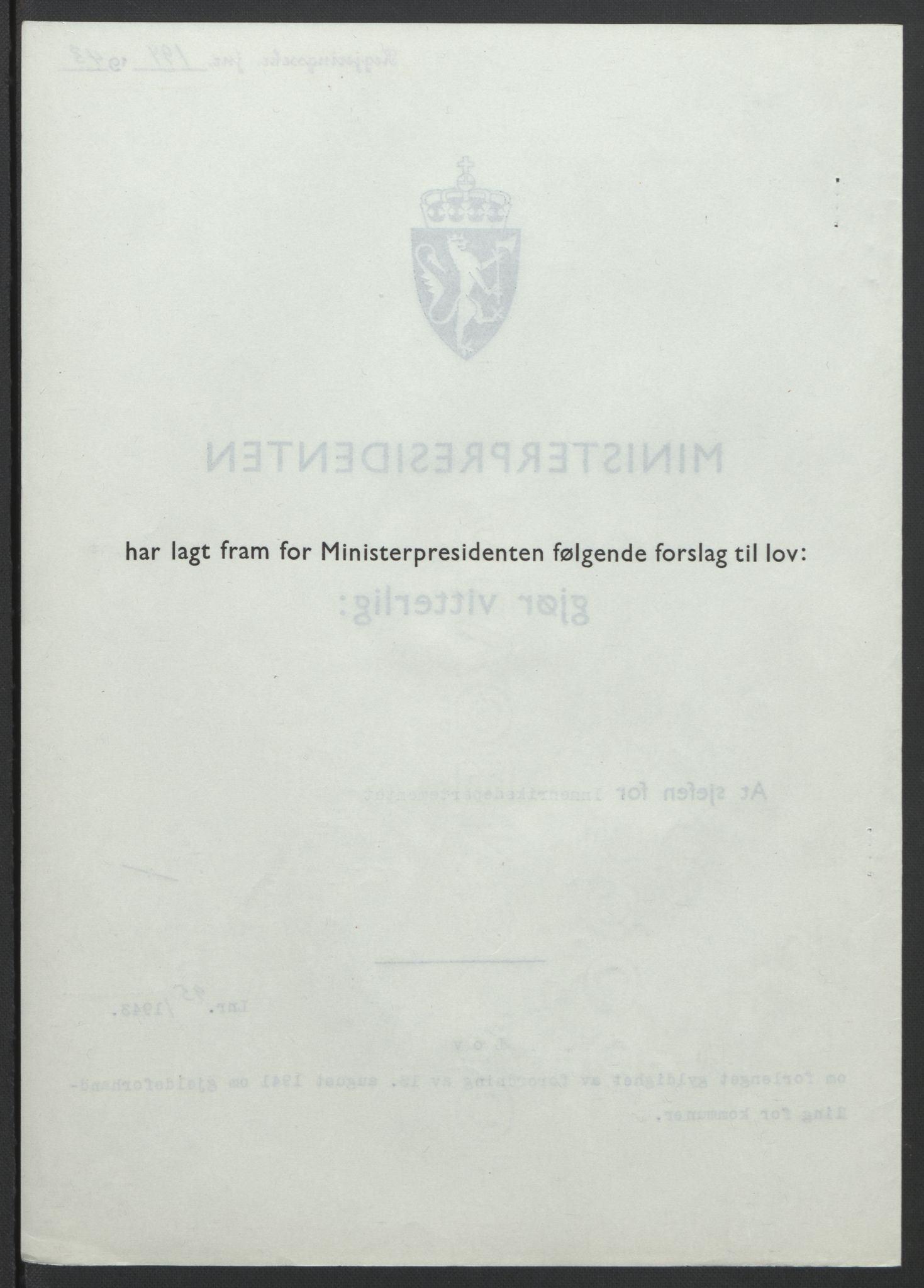 NS-administrasjonen 1940-1945 (Statsrådsekretariatet, de kommisariske statsråder mm), RA/S-4279/D/Db/L0099: Lover, 1943, p. 433