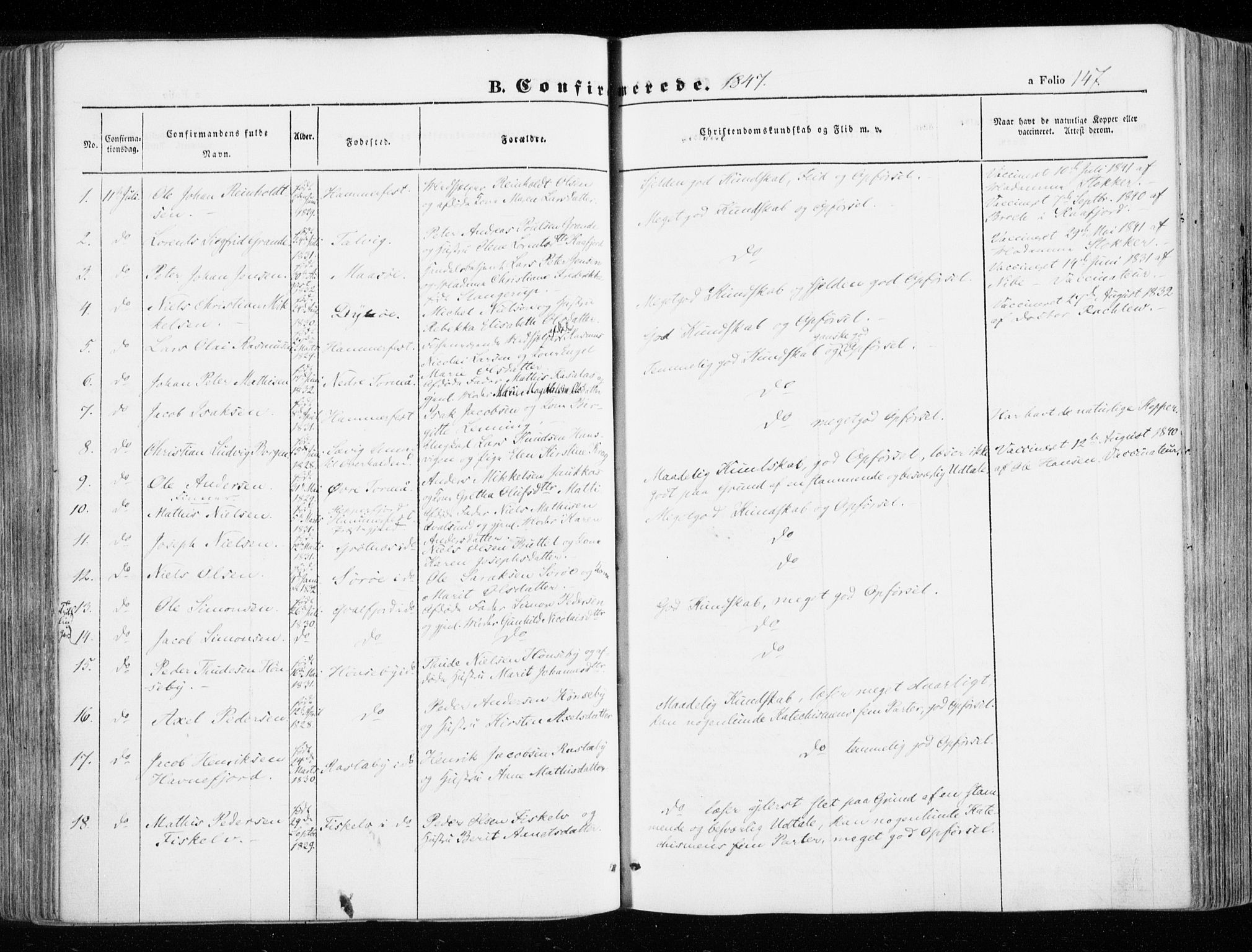Hammerfest sokneprestkontor, SATØ/S-1347/H/Ha/L0004.kirke: Parish register (official) no. 4, 1843-1856, p. 147