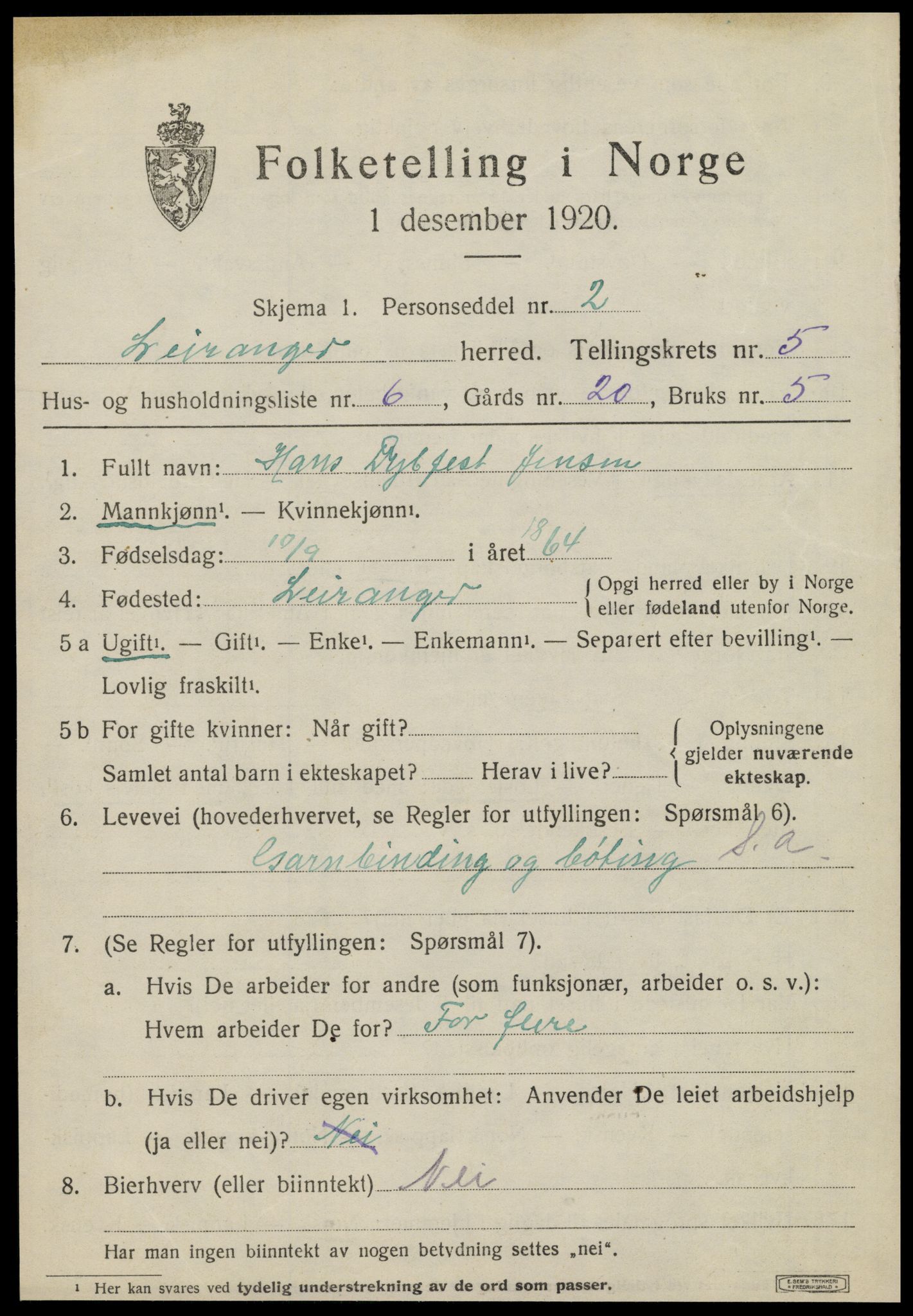 SAT, 1920 census for Leiranger, 1920, p. 1801