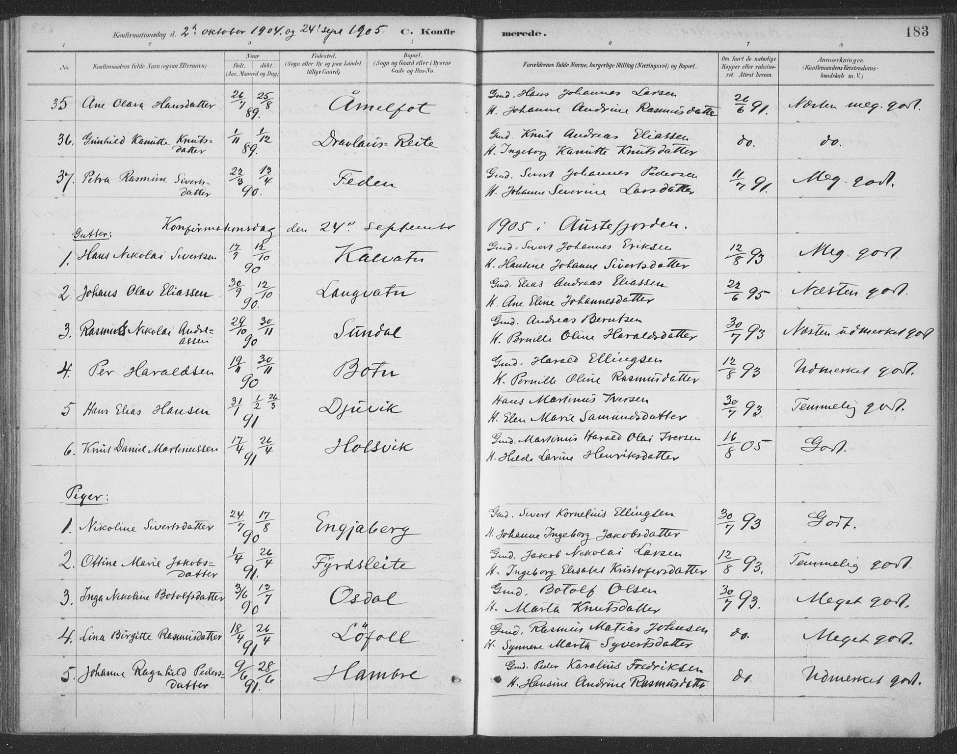 Ministerialprotokoller, klokkerbøker og fødselsregistre - Møre og Romsdal, AV/SAT-A-1454/511/L0142: Parish register (official) no. 511A09, 1891-1905, p. 183