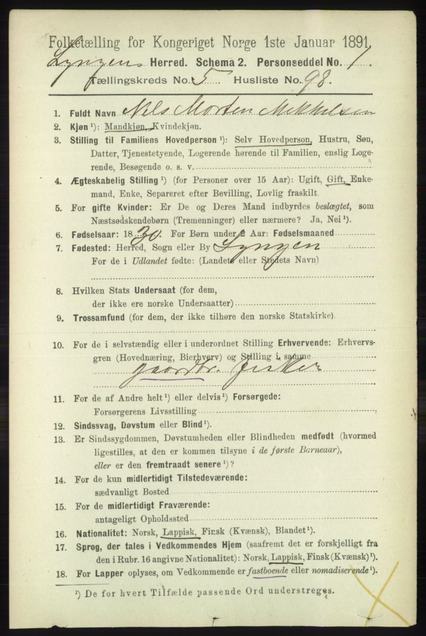 RA, 1891 census for 1938 Lyngen, 1891, p. 5070