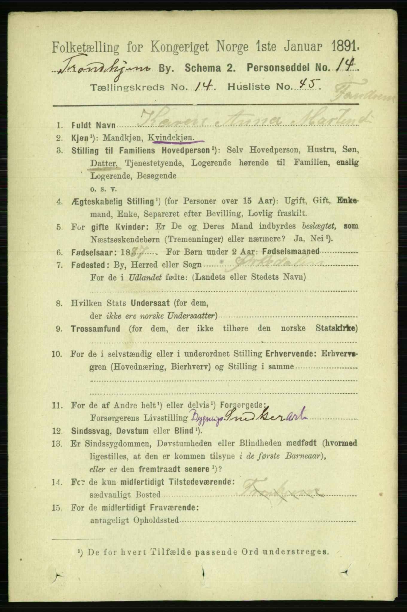 RA, 1891 census for 1601 Trondheim, 1891, p. 11563