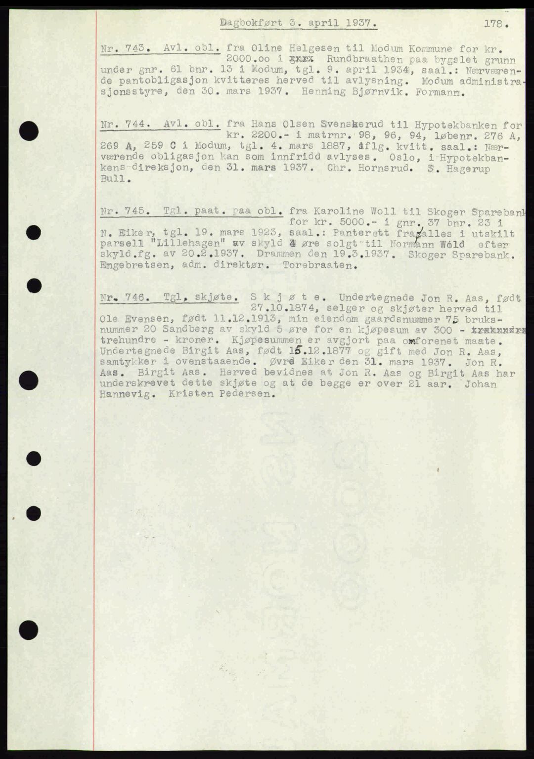 Eiker, Modum og Sigdal sorenskriveri, SAKO/A-123/G/Ga/Gab/L0035: Mortgage book no. A5, 1937-1937, Diary no: : 743/1937