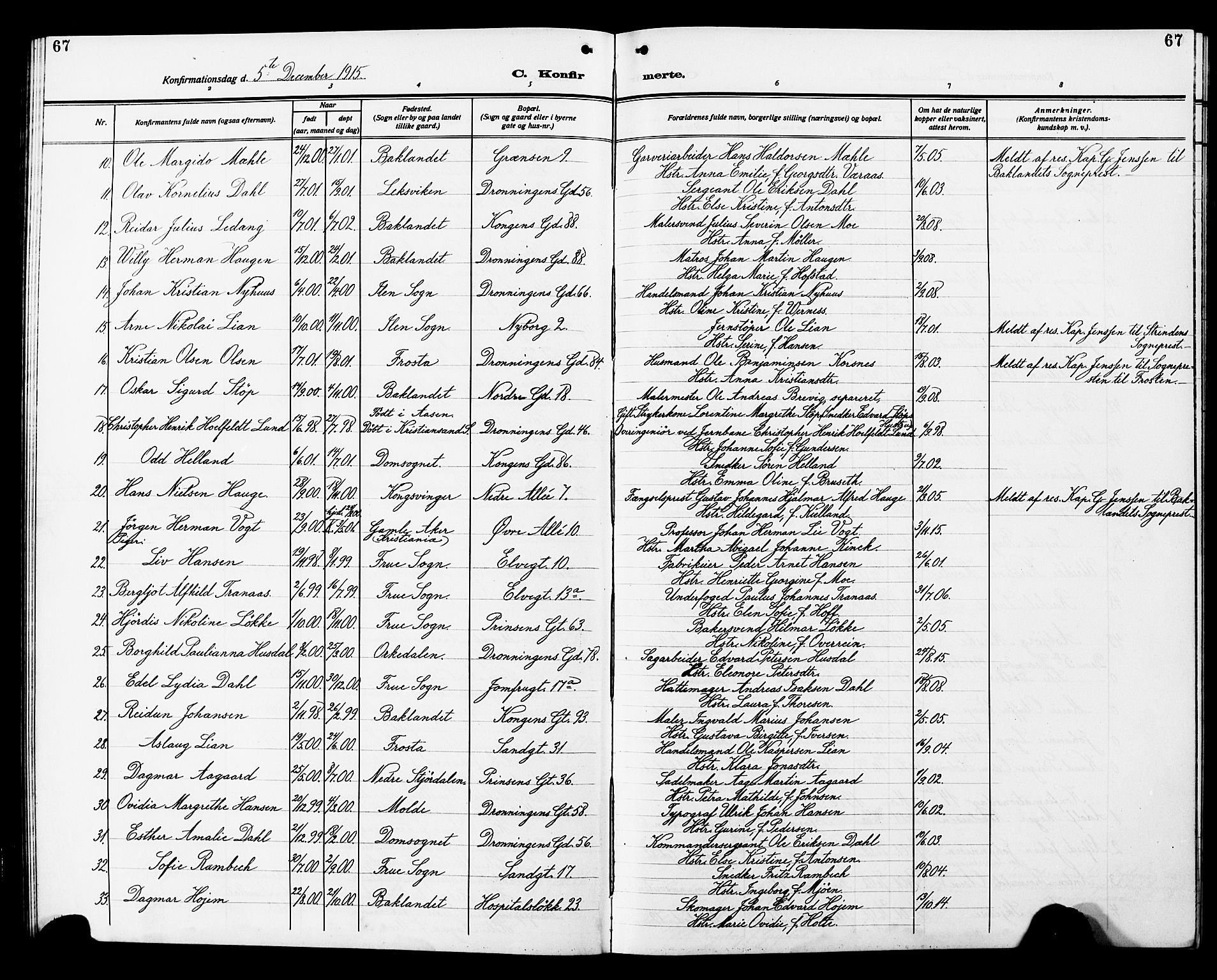 Ministerialprotokoller, klokkerbøker og fødselsregistre - Sør-Trøndelag, SAT/A-1456/602/L0147: Parish register (copy) no. 602C15, 1911-1924, p. 67