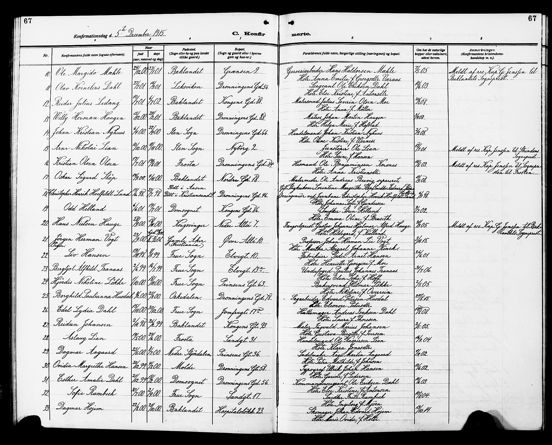 Ministerialprotokoller, klokkerbøker og fødselsregistre - Sør-Trøndelag, AV/SAT-A-1456/602/L0147: Parish register (copy) no. 602C15, 1911-1924, p. 67