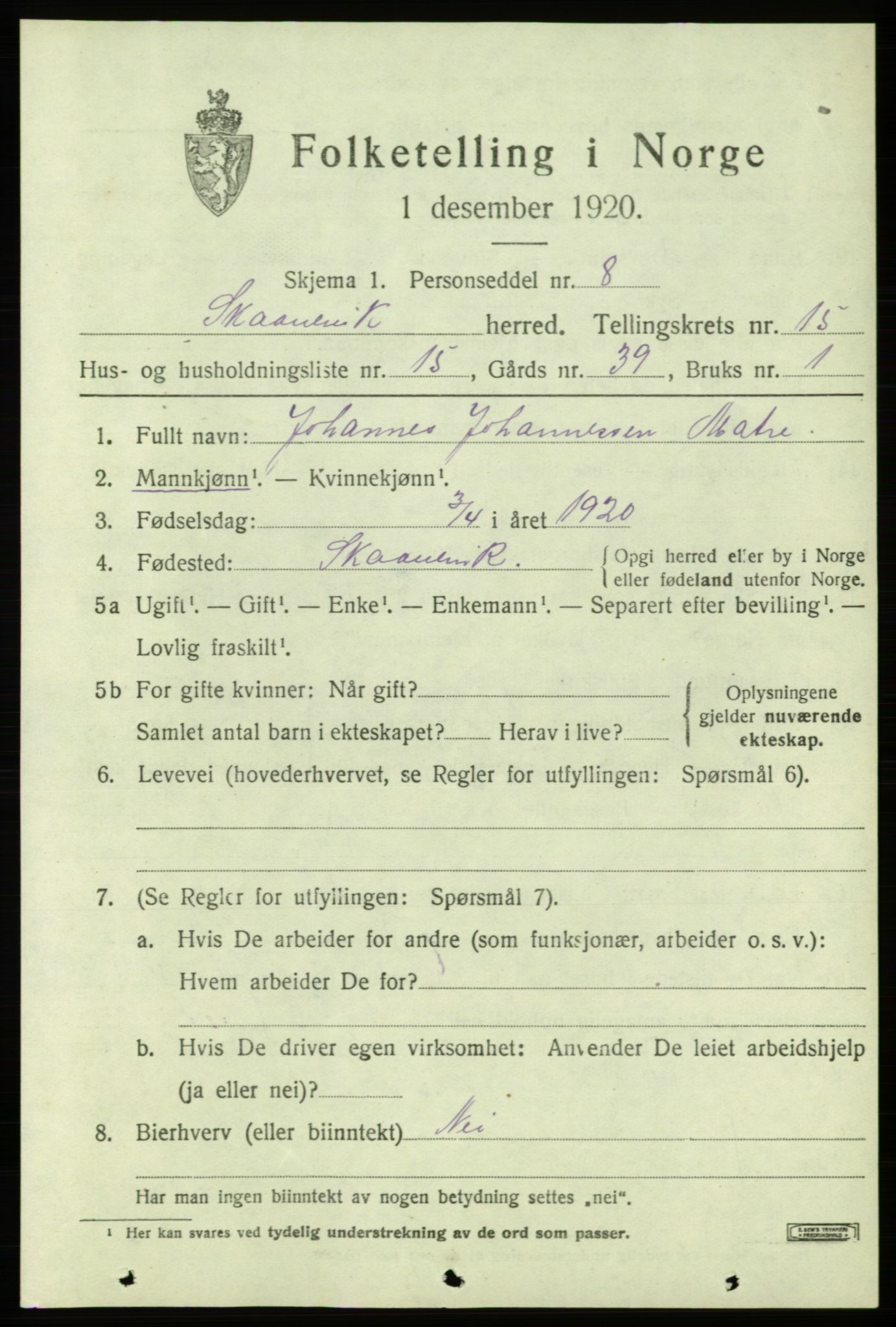 SAB, 1920 census for Skånevik, 1920, p. 6329