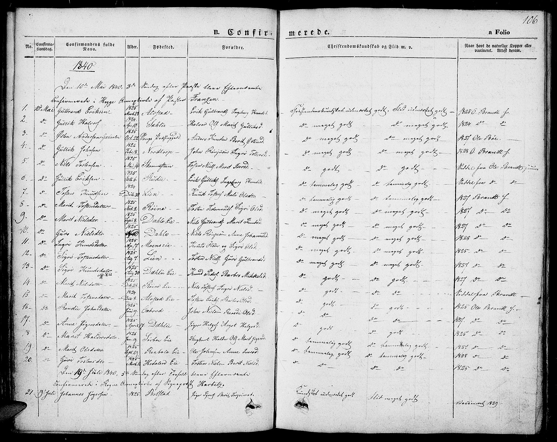 Slidre prestekontor, SAH/PREST-134/H/Ha/Haa/L0004: Parish register (official) no. 4, 1831-1848, p. 106