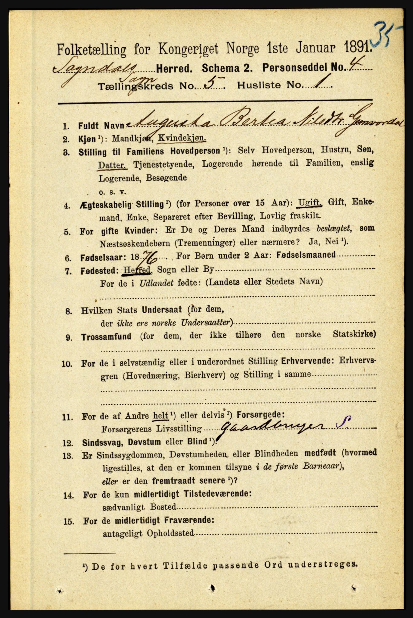 RA, 1891 census for 1420 Sogndal, 1891, p. 2306