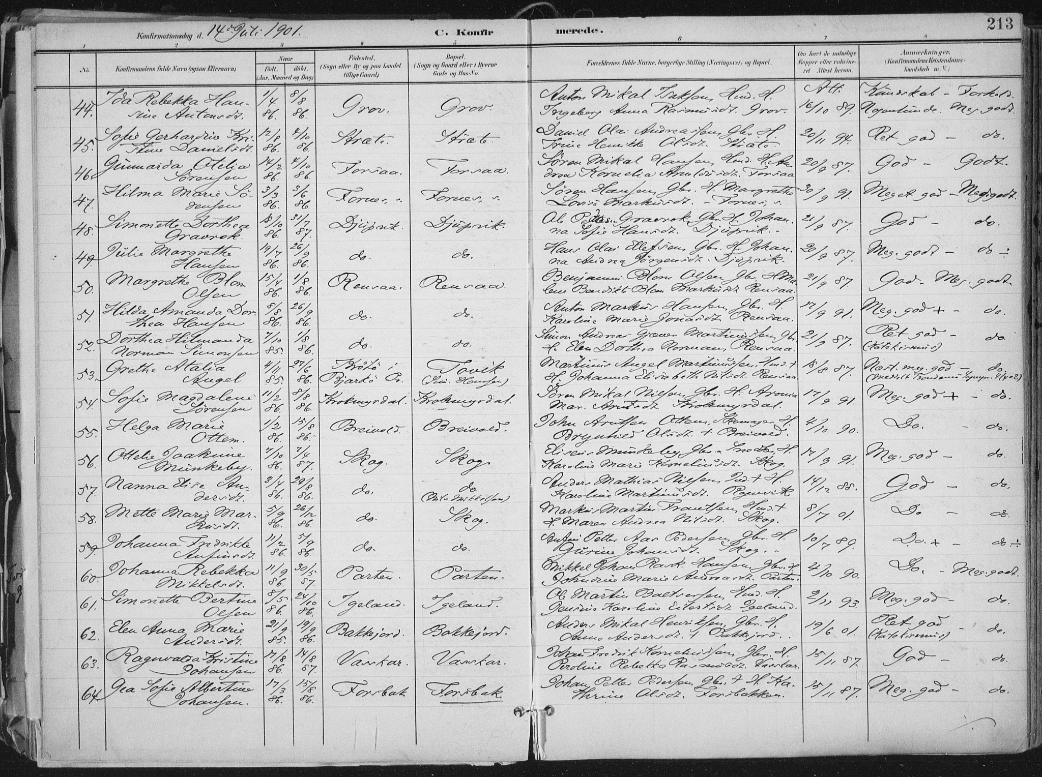 Ibestad sokneprestembete, AV/SATØ-S-0077/H/Ha/Haa/L0017kirke: Parish register (official) no. 17, 1901-1914, p. 213