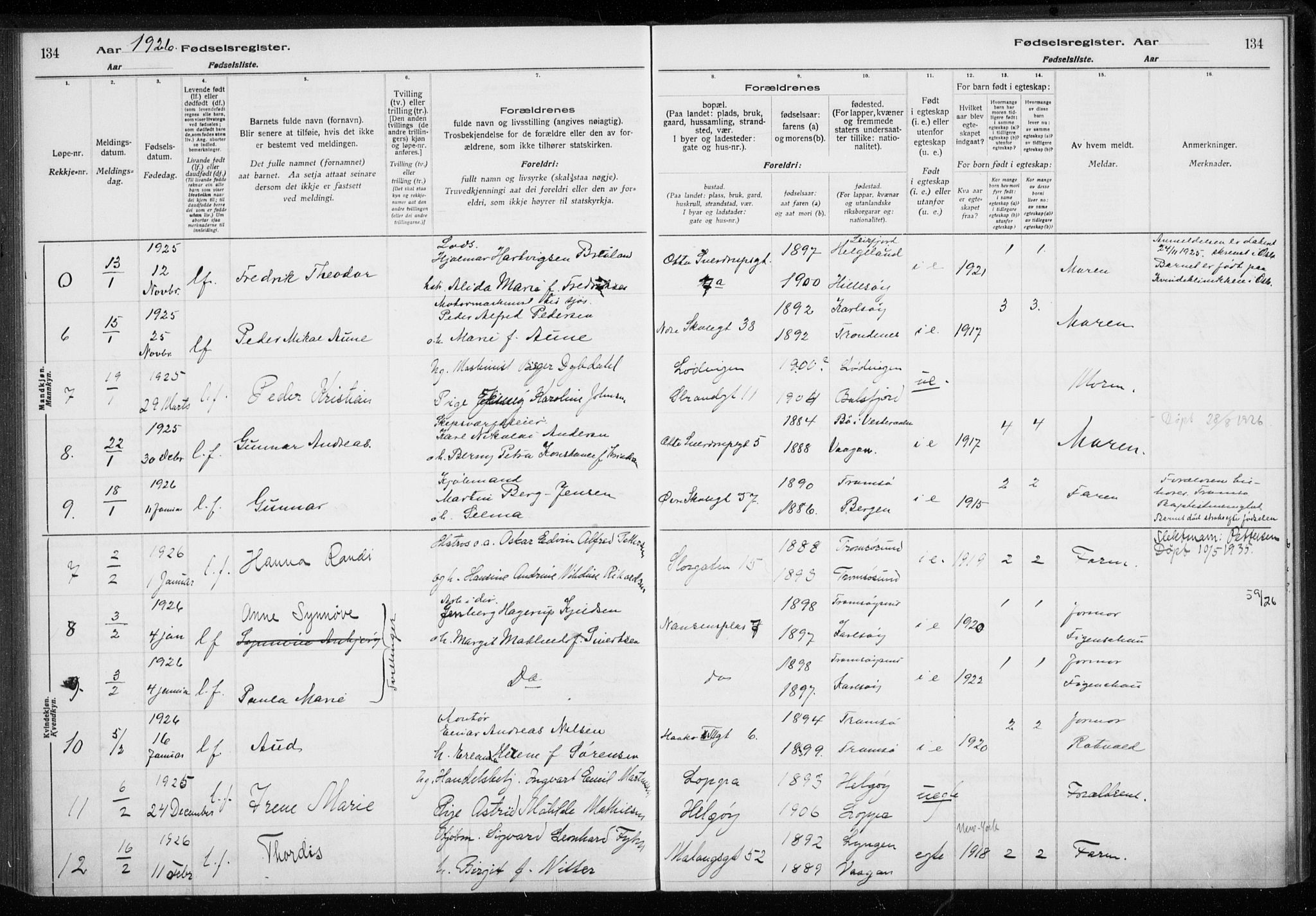 Tromsø sokneprestkontor/stiftsprosti/domprosti, SATØ/S-1343/H/Ha/L0132: Birth register no. 132, 1921-1927, p. 134