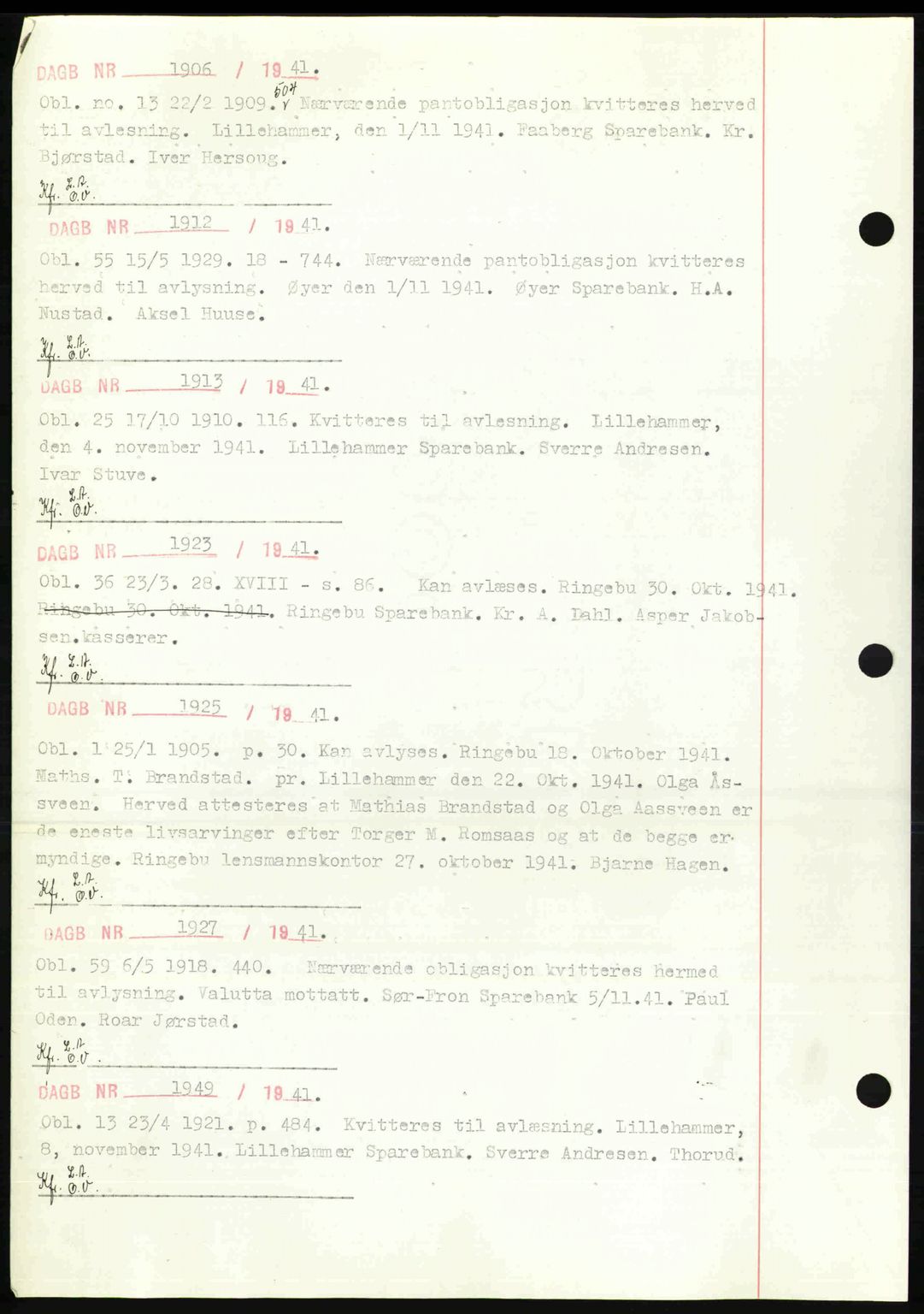Sør-Gudbrandsdal tingrett, SAH/TING-004/H/Hb/Hbf/L0002: Mortgage book no. C1, 1938-1951, Diary no: : 1906/1941