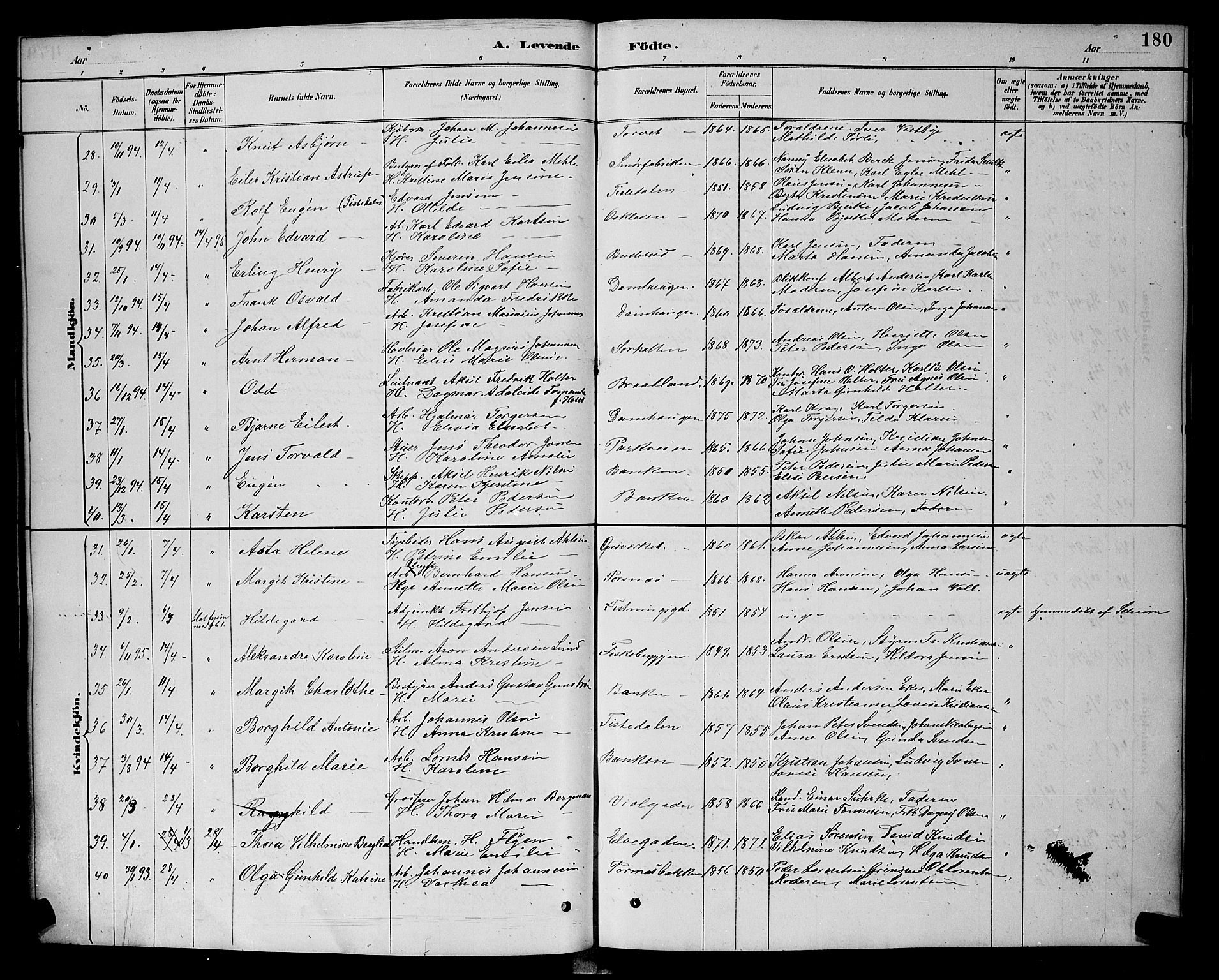 Halden prestekontor Kirkebøker, SAO/A-10909/G/Ga/L0008: Parish register (copy) no. 8, 1885-1899, p. 180