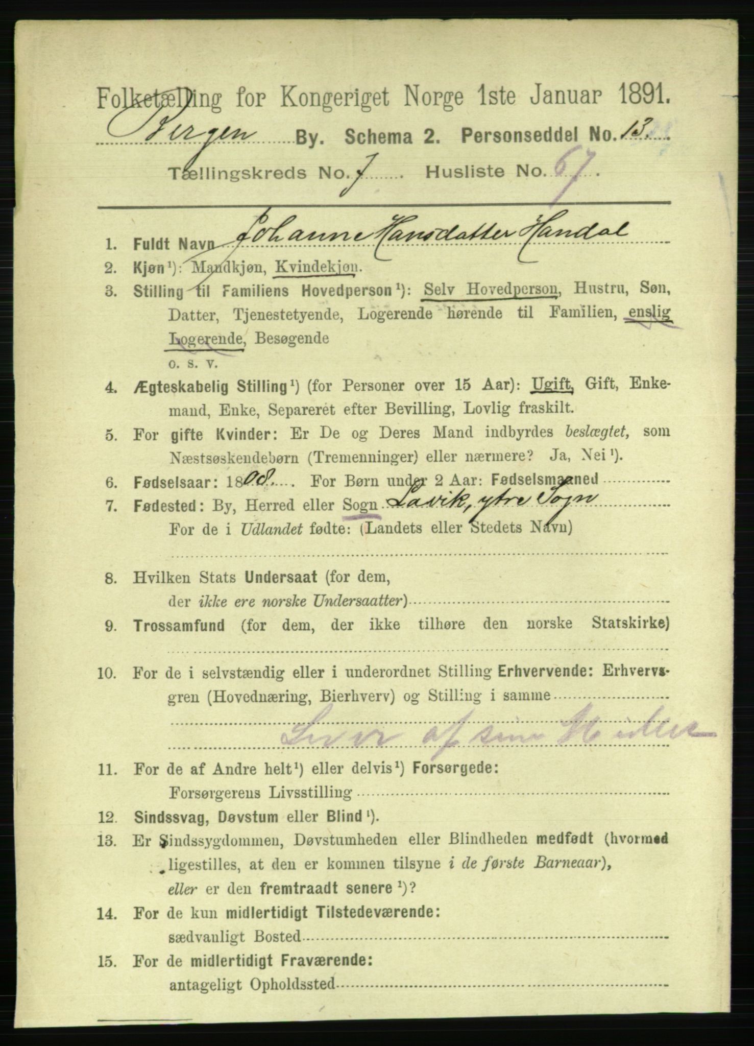 RA, 1891 Census for 1301 Bergen, 1891, p. 16551