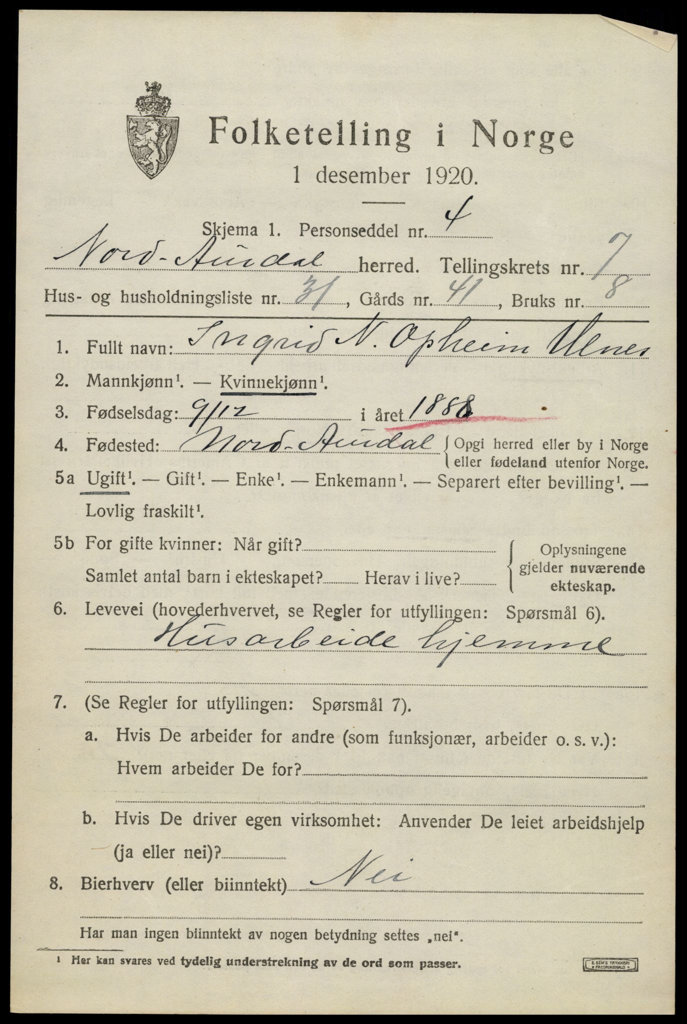 SAH, 1920 census for Nord-Aurdal, 1920, p. 6342