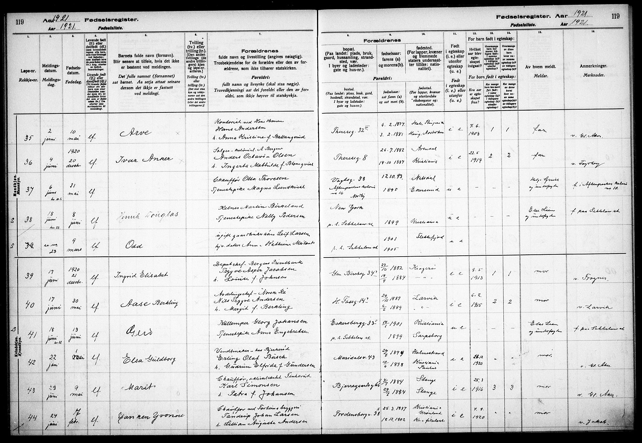 Gamle Aker prestekontor Kirkebøker, AV/SAO-A-10617a/J/L0001: Birth register no. 1, 1916-1927, p. 119