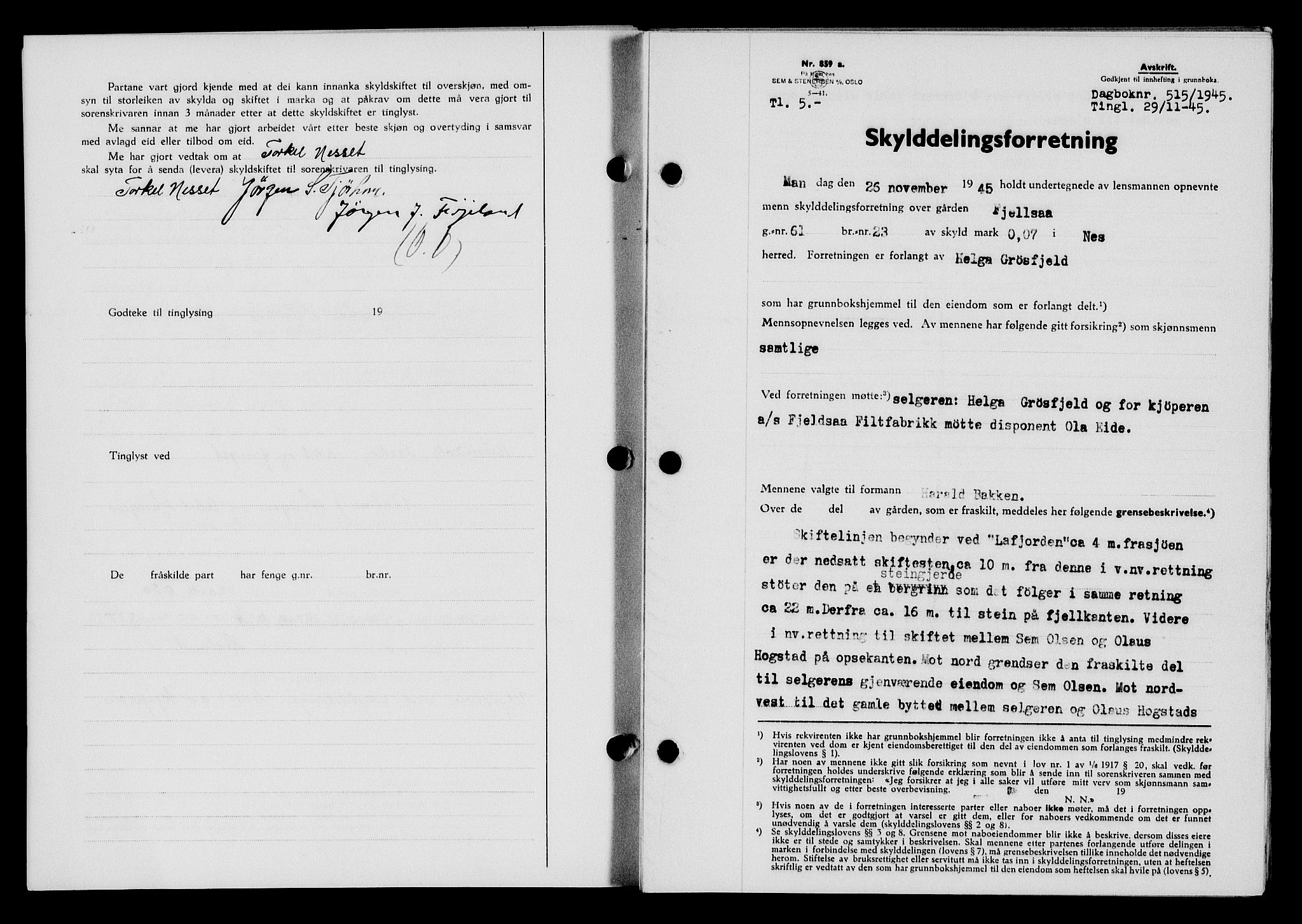 Flekkefjord sorenskriveri, AV/SAK-1221-0001/G/Gb/Gba/L0060: Mortgage book no. A-8, 1945-1946, Diary no: : 515/1945