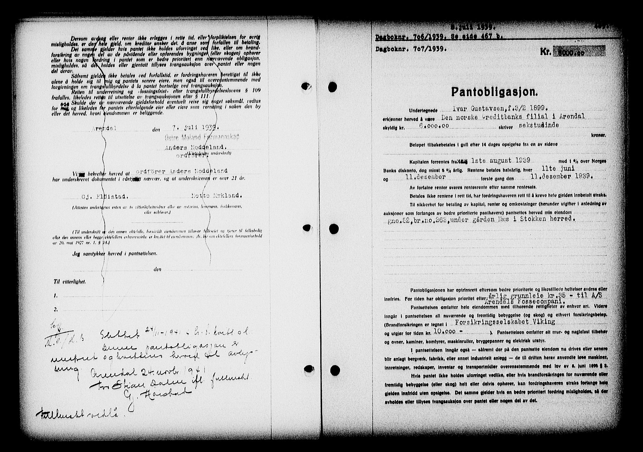 Nedenes sorenskriveri, AV/SAK-1221-0006/G/Gb/Gba/L0046: Mortgage book no. 42, 1938-1939, Diary no: : 707/1939