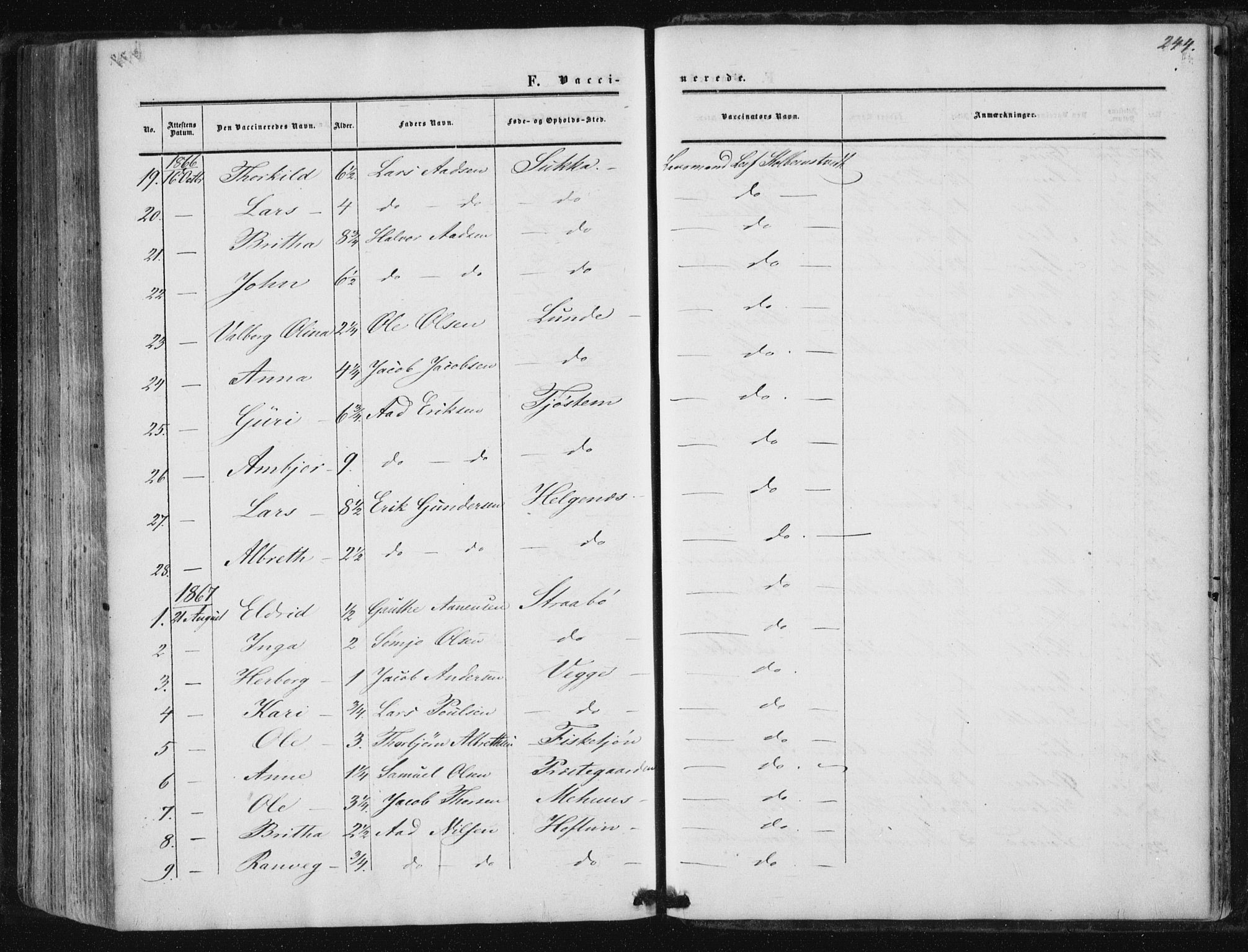 Suldal sokneprestkontor, AV/SAST-A-101845/01/IV/L0009: Parish register (official) no. A 9, 1854-1868, p. 244