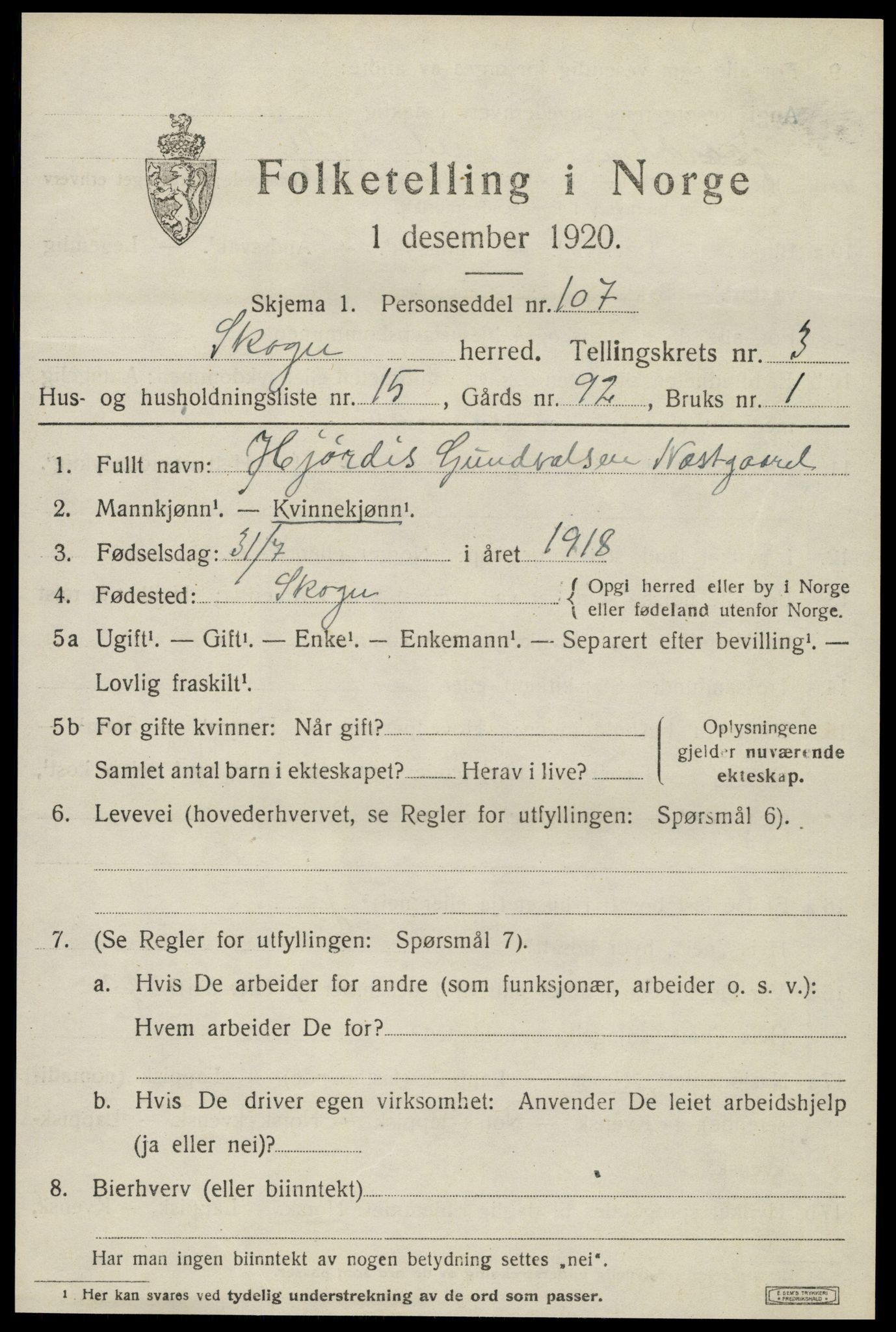 SAT, 1920 census for Skogn, 1920, p. 4807