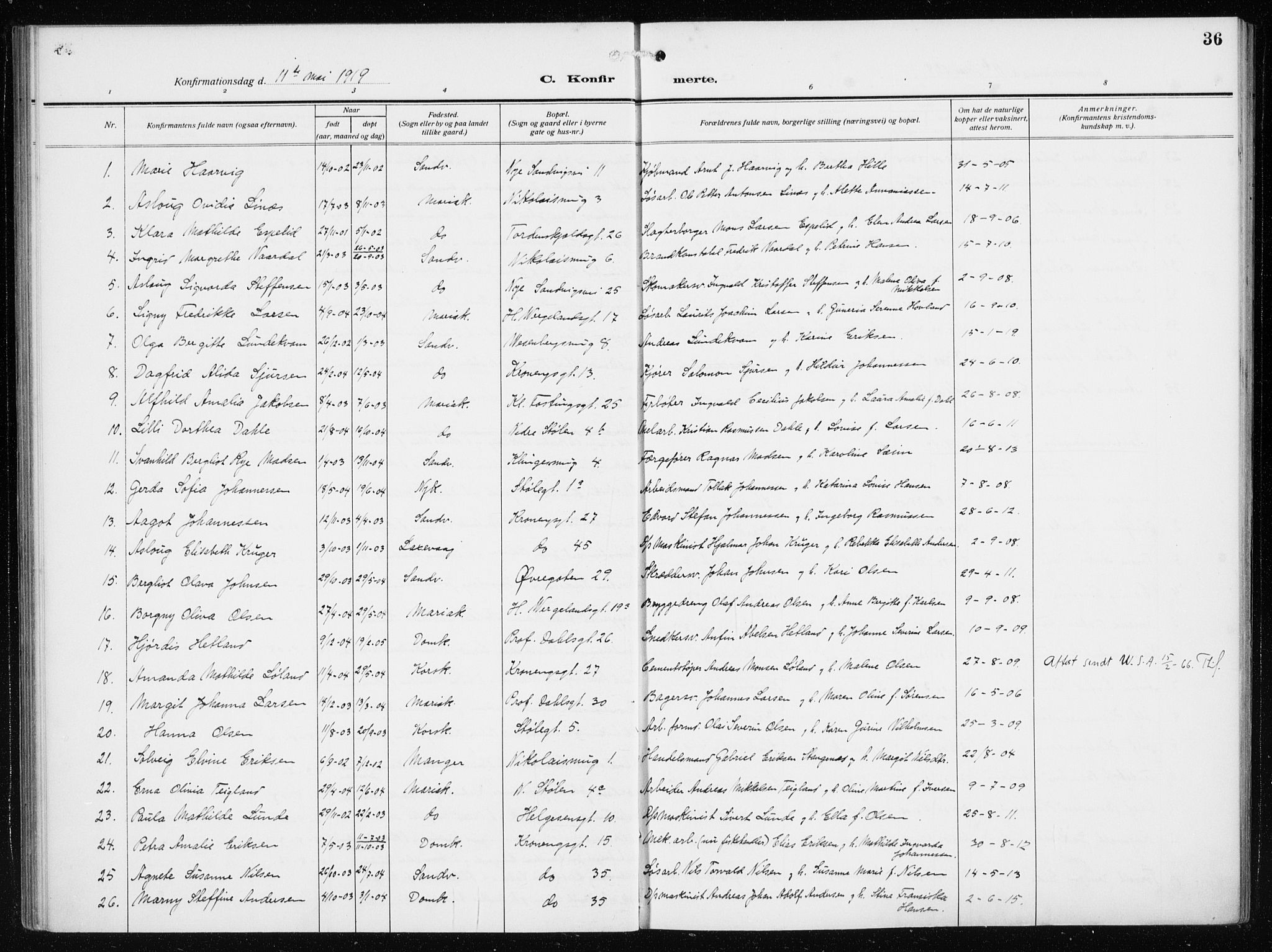Mariakirken Sokneprestembete, SAB/A-76901/H/Haa/L0015: Parish register (official) no. C 3, 1913-1927, p. 36