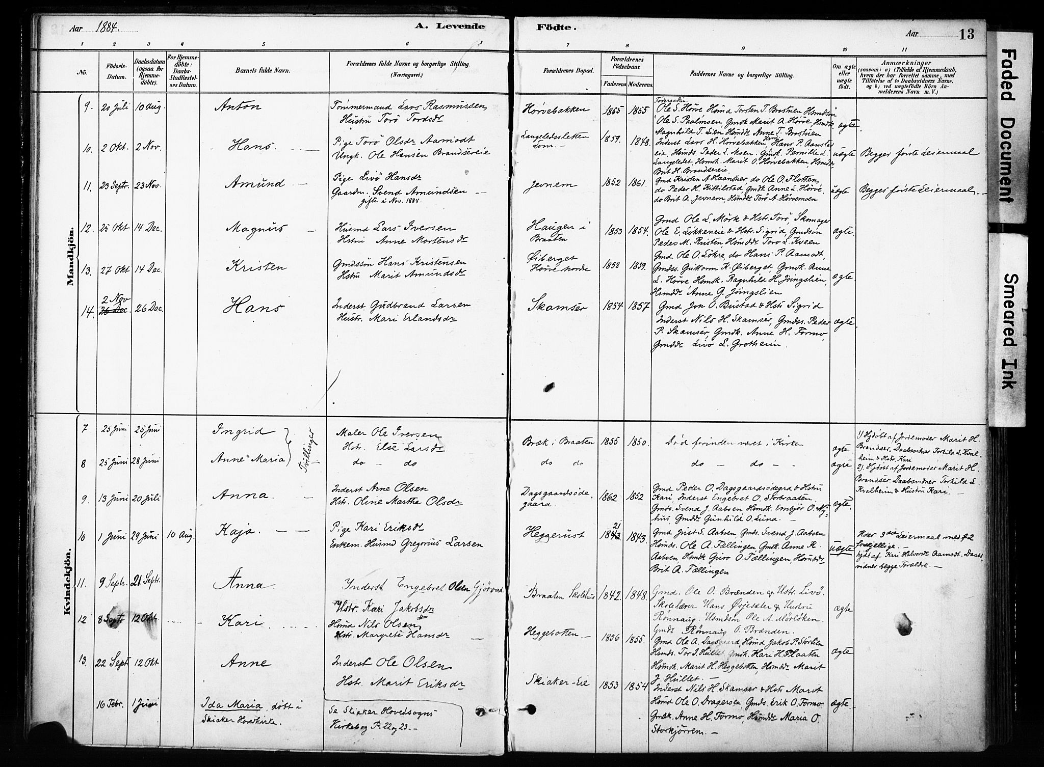 Skjåk prestekontor, SAH/PREST-072/H/Ha/Haa/L0004: Parish register (official) no. 4, 1880-1904, p. 13