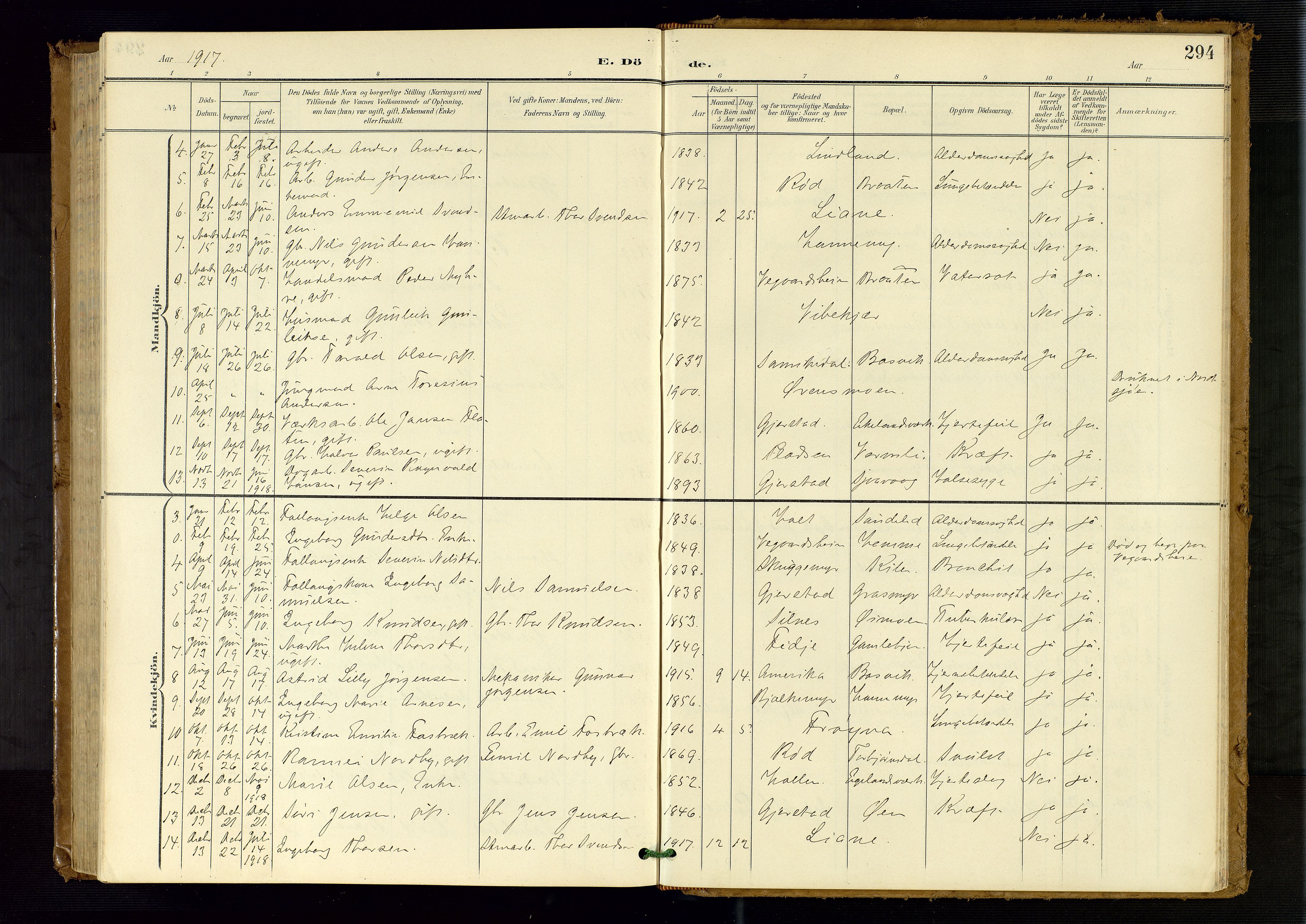 Søndeled sokneprestkontor, AV/SAK-1111-0038/F/Fb/L0005: Parish register (copy) no. B 6, 1900-1962, p. 294