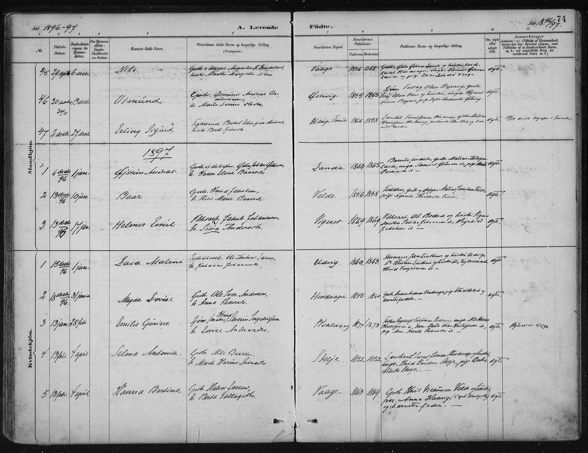 Avaldsnes sokneprestkontor, SAST/A -101851/H/Ha/Haa/L0017: Parish register (official) no. A 17, 1889-1920, p. 74