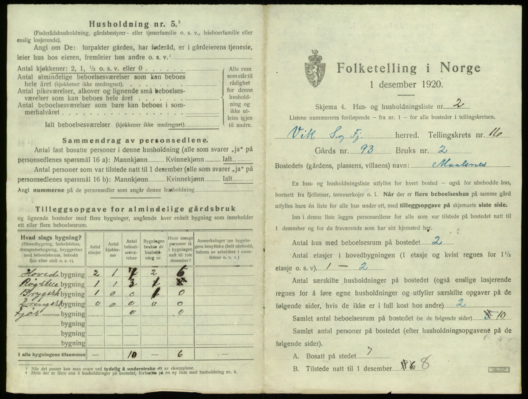 SAB, 1920 census for Vik, 1920, p. 1291