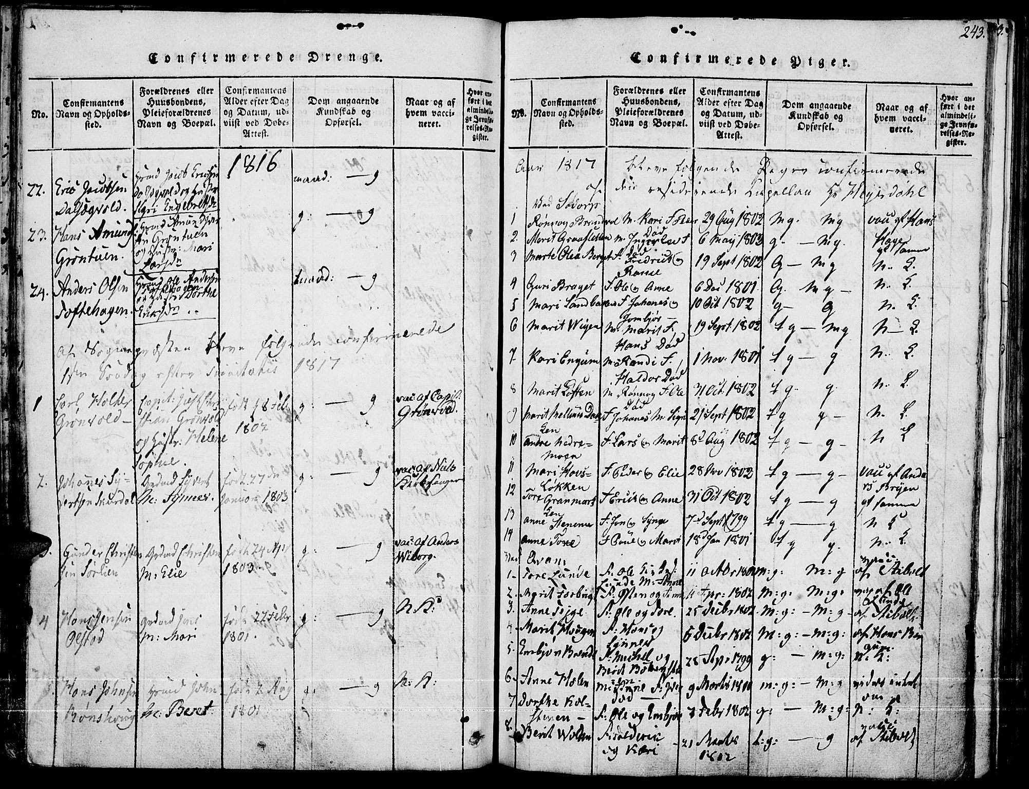 Fron prestekontor, SAH/PREST-078/H/Ha/Haa/L0002: Parish register (official) no. 2, 1816-1827, p. 243