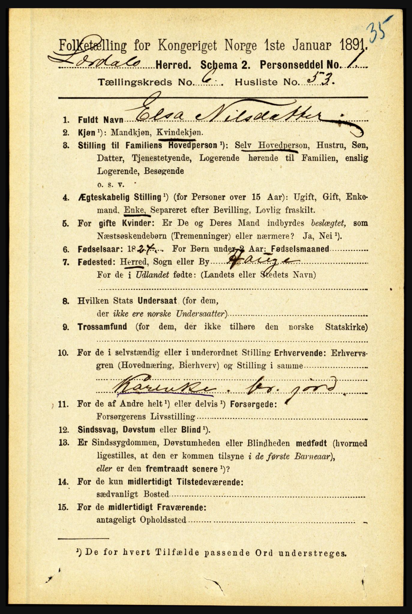 RA, 1891 census for 1422 Lærdal, 1891, p. 735