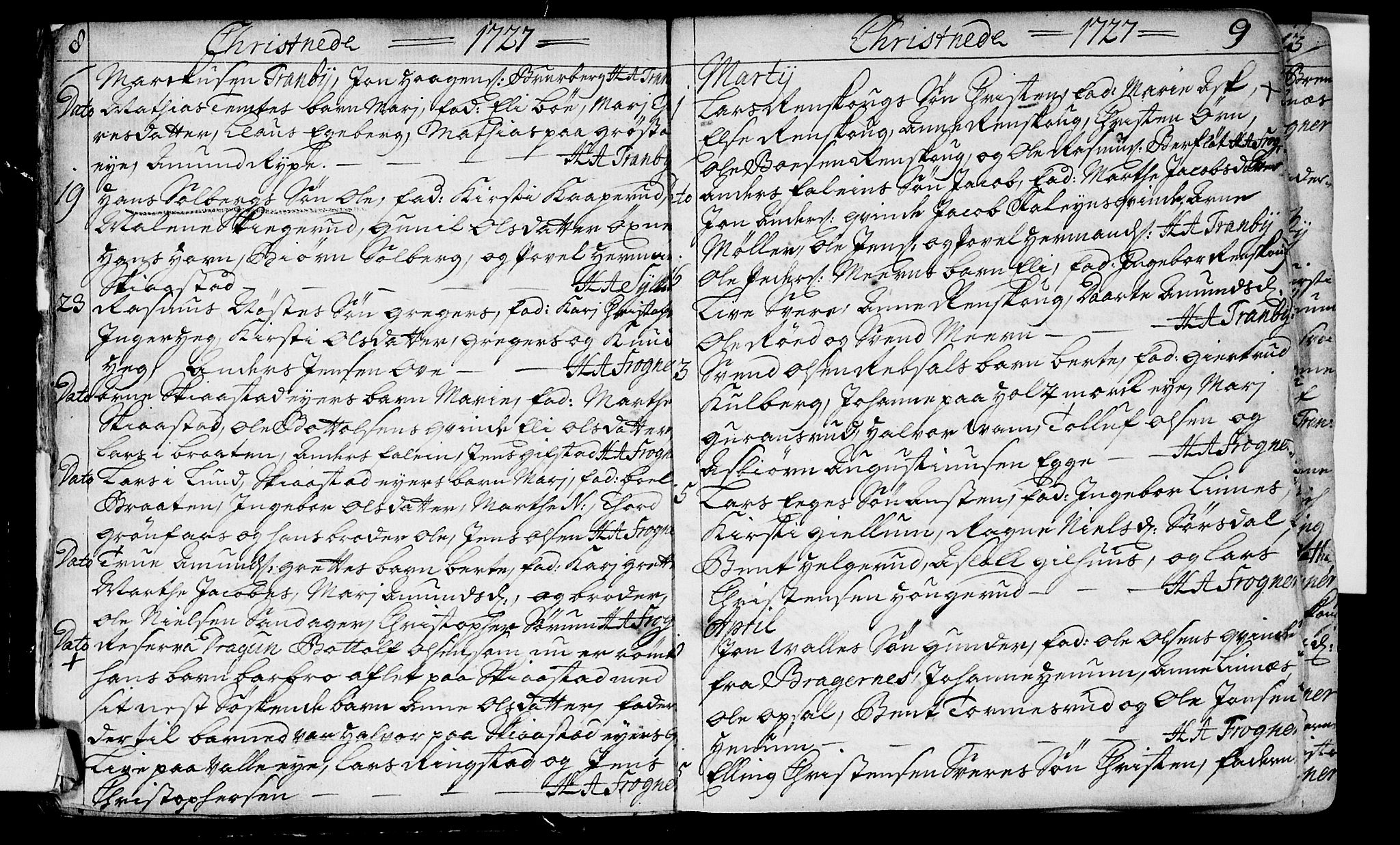 Lier kirkebøker, SAKO/A-230/F/Fa/L0003: Parish register (official) no. I 3, 1727-1748, p. 8-9