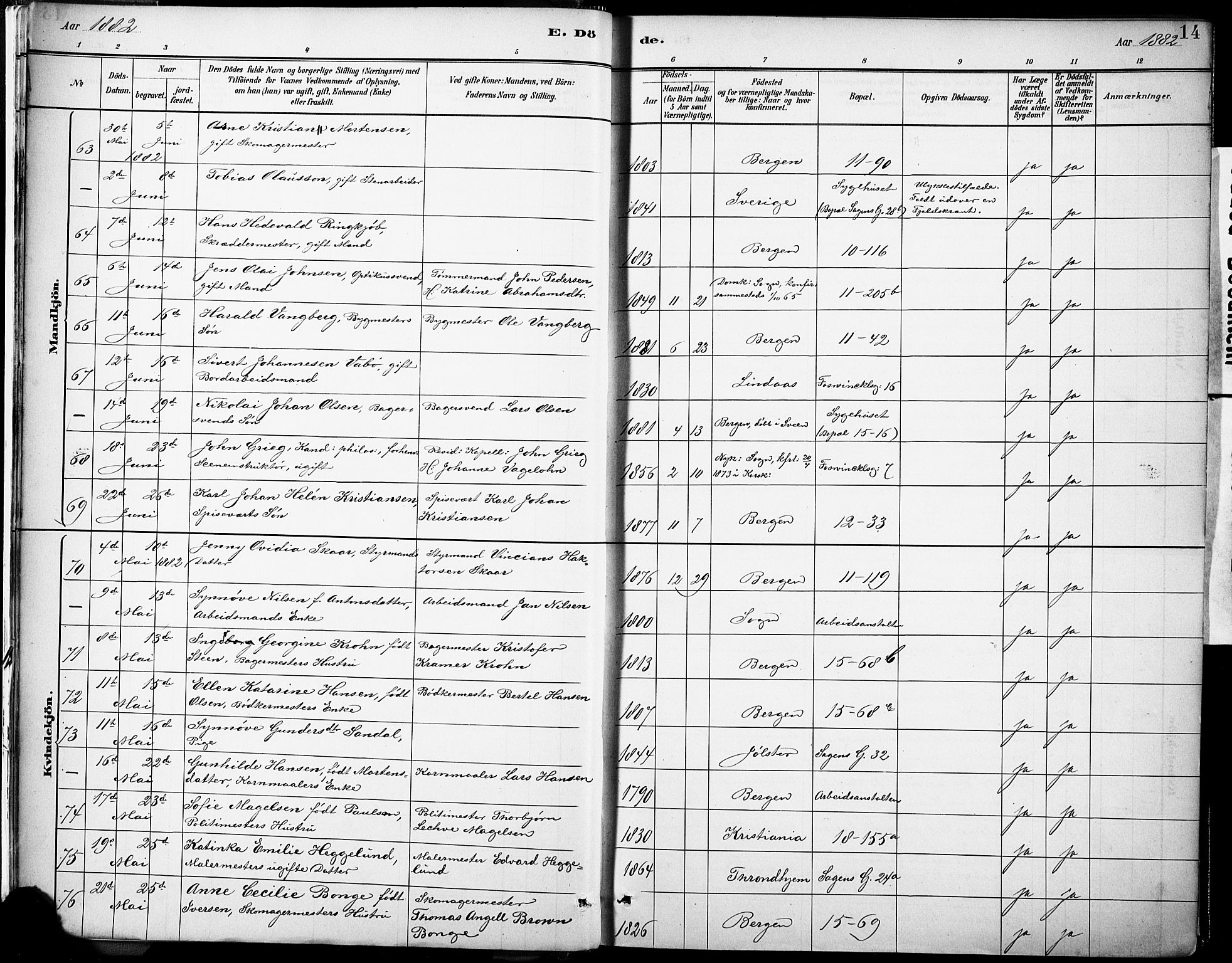 Domkirken sokneprestembete, AV/SAB-A-74801/H/Haa/L0043: Parish register (official) no. E 5, 1882-1904, p. 14