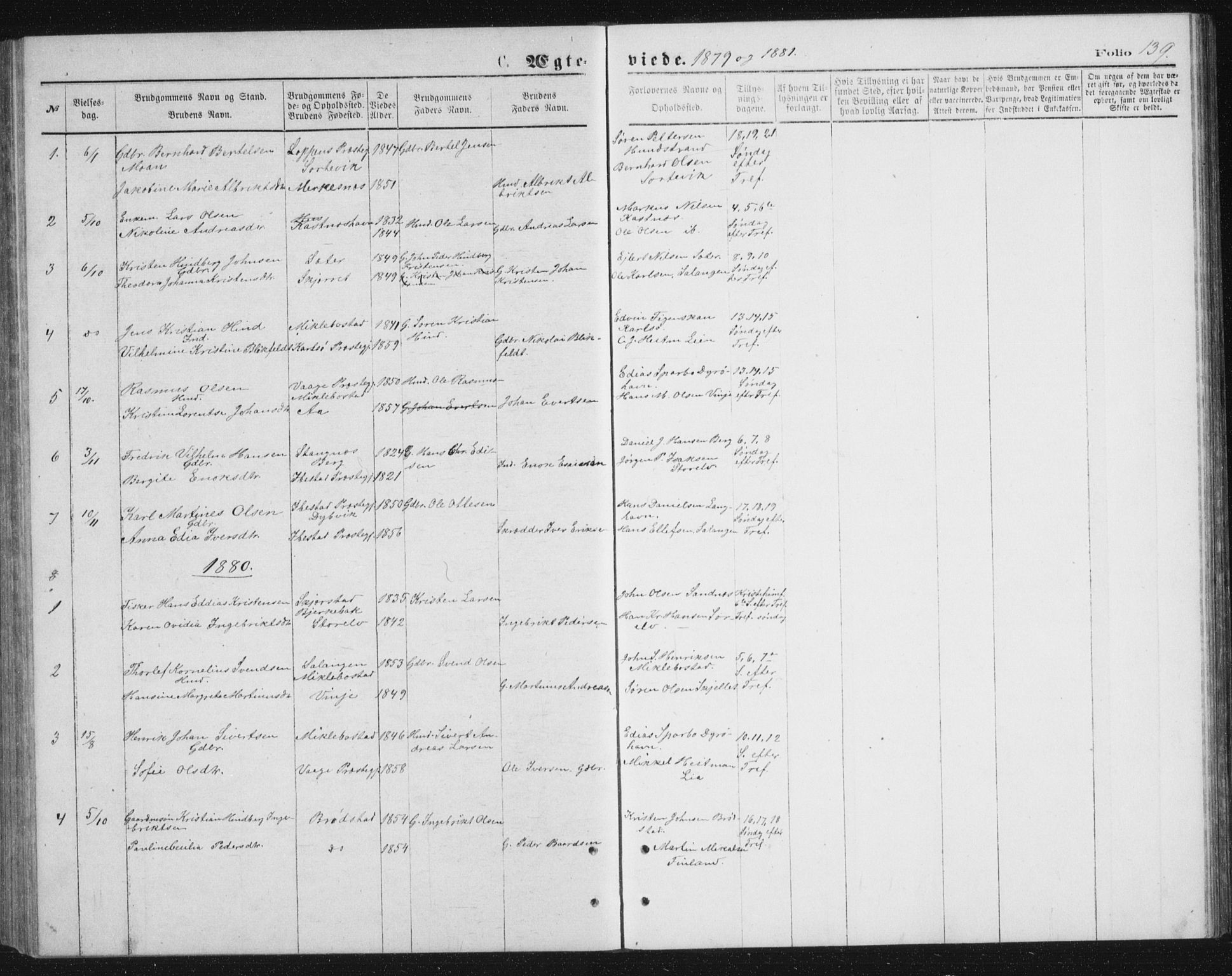 Tranøy sokneprestkontor, SATØ/S-1313/I/Ia/Iab/L0013klokker: Parish register (copy) no. 13, 1874-1896, p. 139