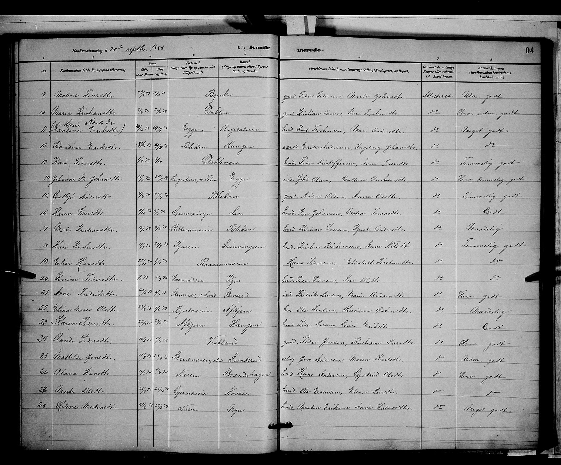 Gran prestekontor, SAH/PREST-112/H/Ha/Hab/L0003: Parish register (copy) no. 3, 1882-1890, p. 94