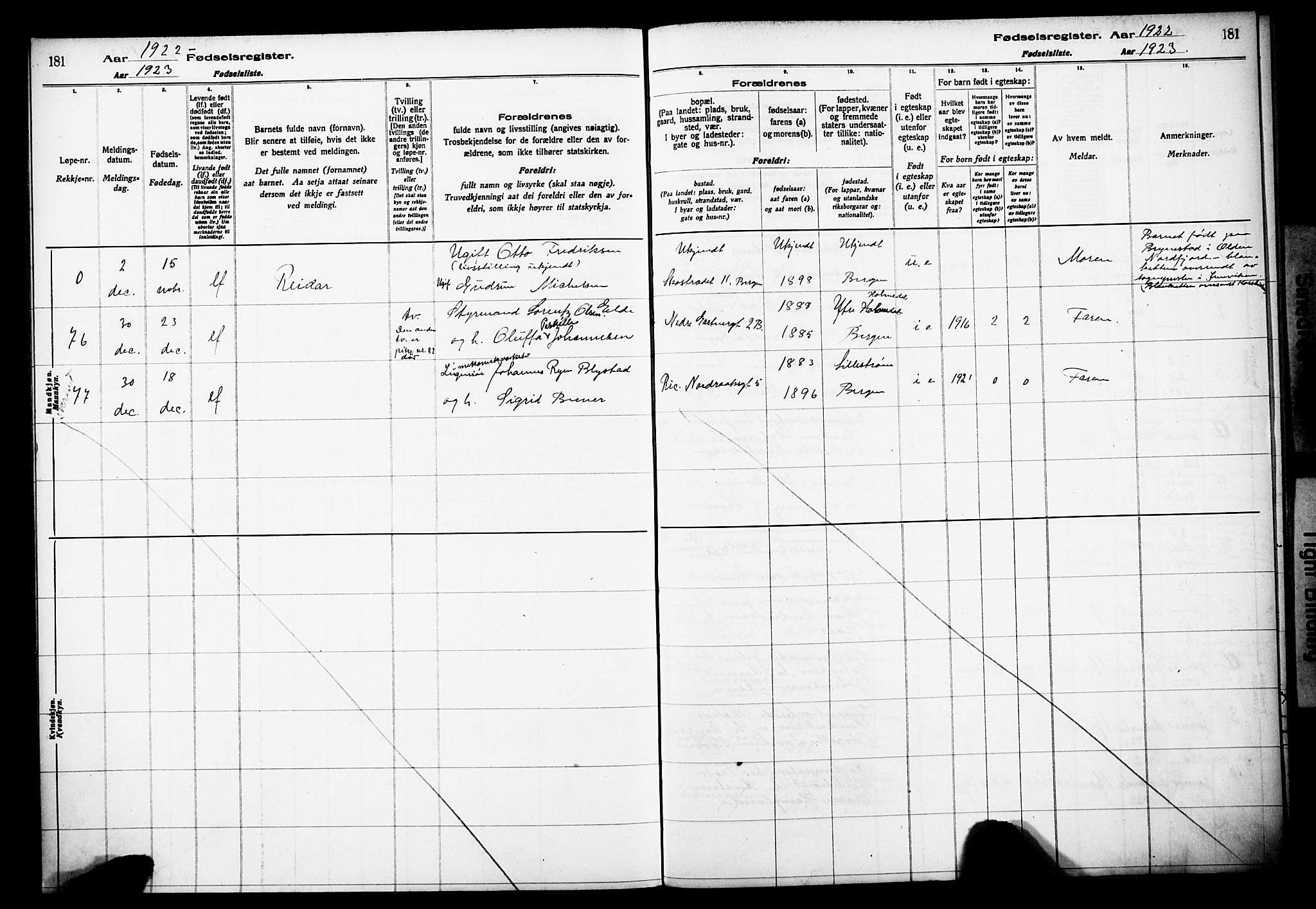 Domkirken sokneprestembete, AV/SAB-A-74801/I/Id/L00A1: Birth register no. A 1, 1916-1923, p. 181